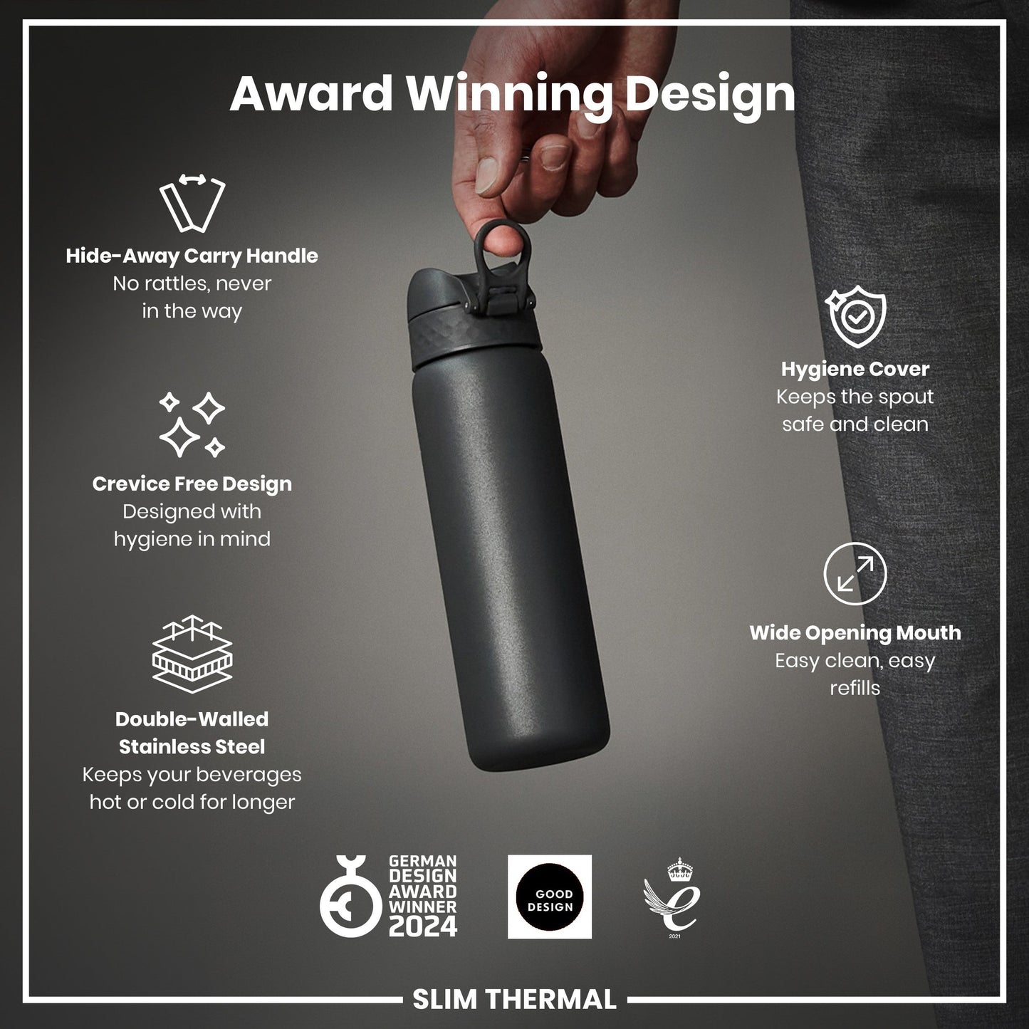 Black water bottle held by a hand with features highlighted on a dark background