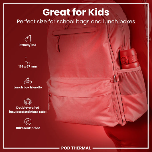 Red backpack with water bottle on a red background, featuring text and icons about its features.