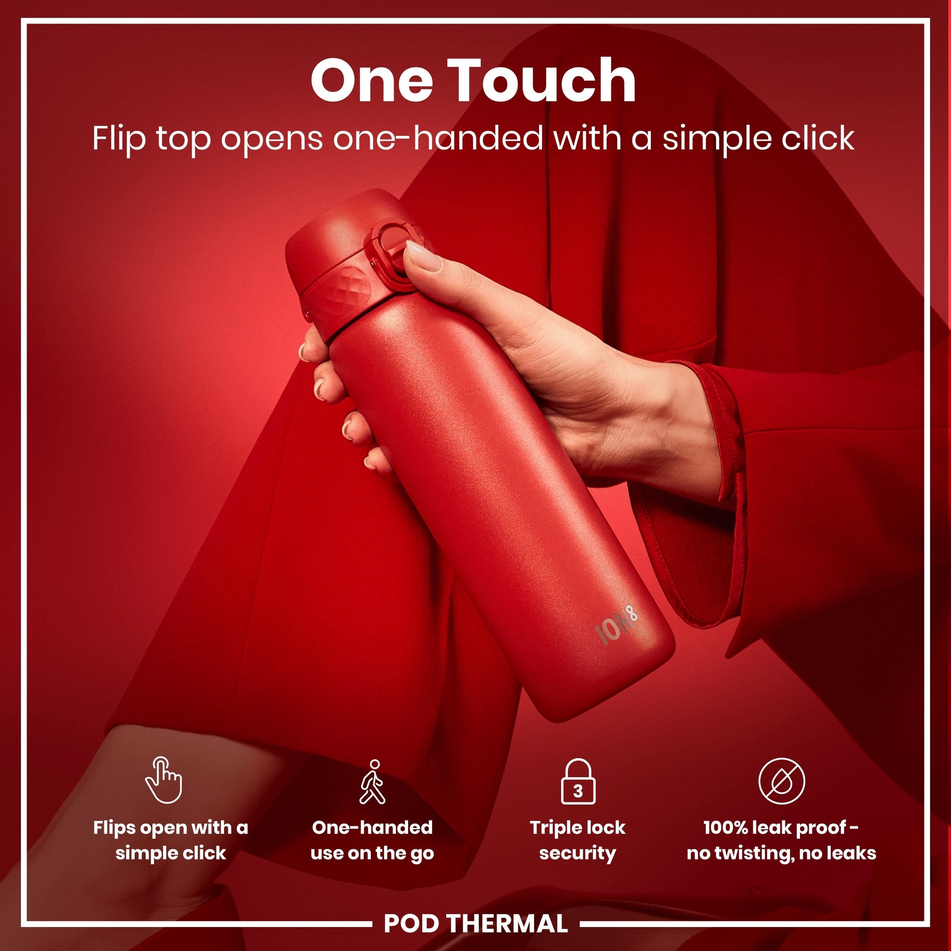 Red water bottle held by a hand with text highlighting features on a red background