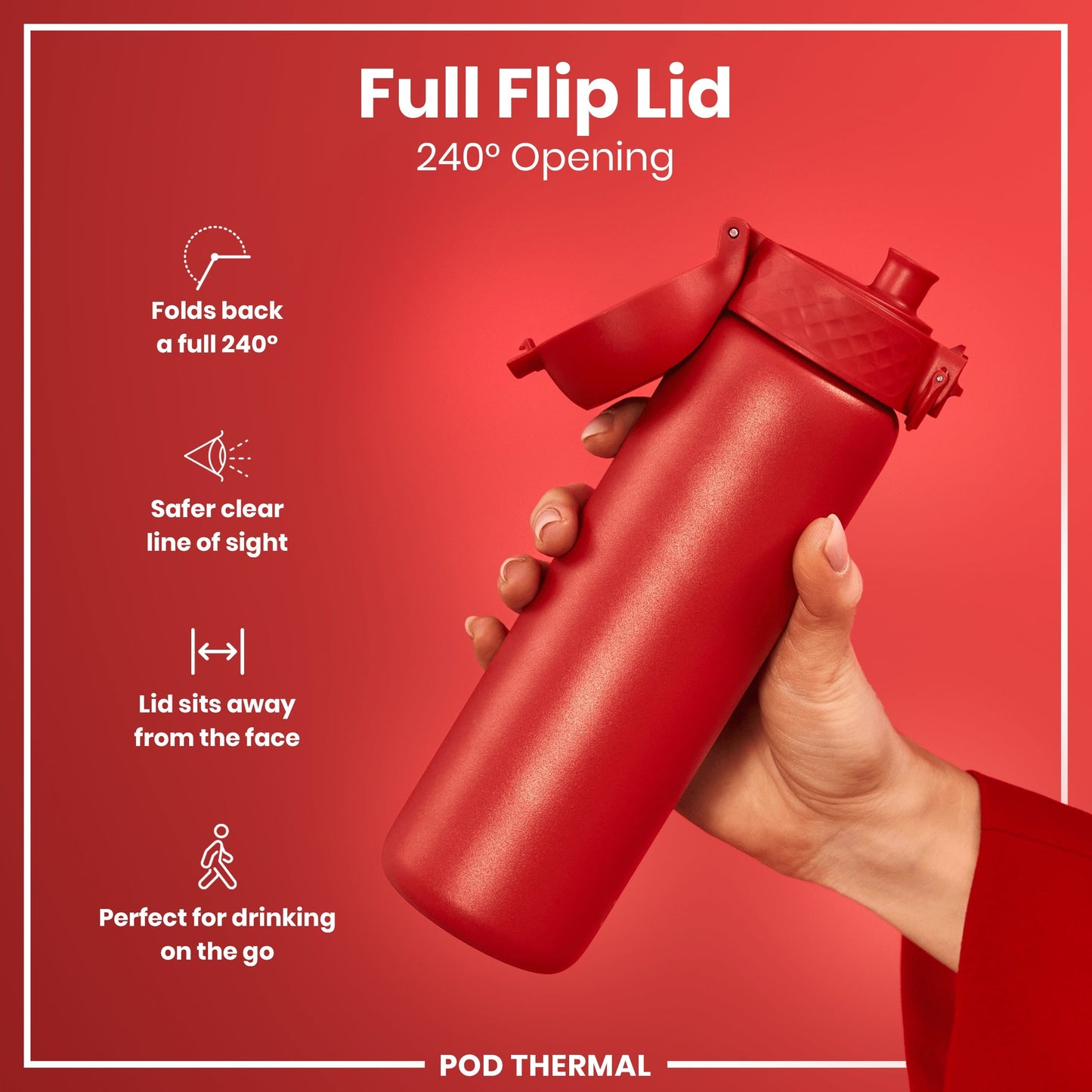 Red water bottle with a full flip lid on a red background, featuring text about the lid's features.