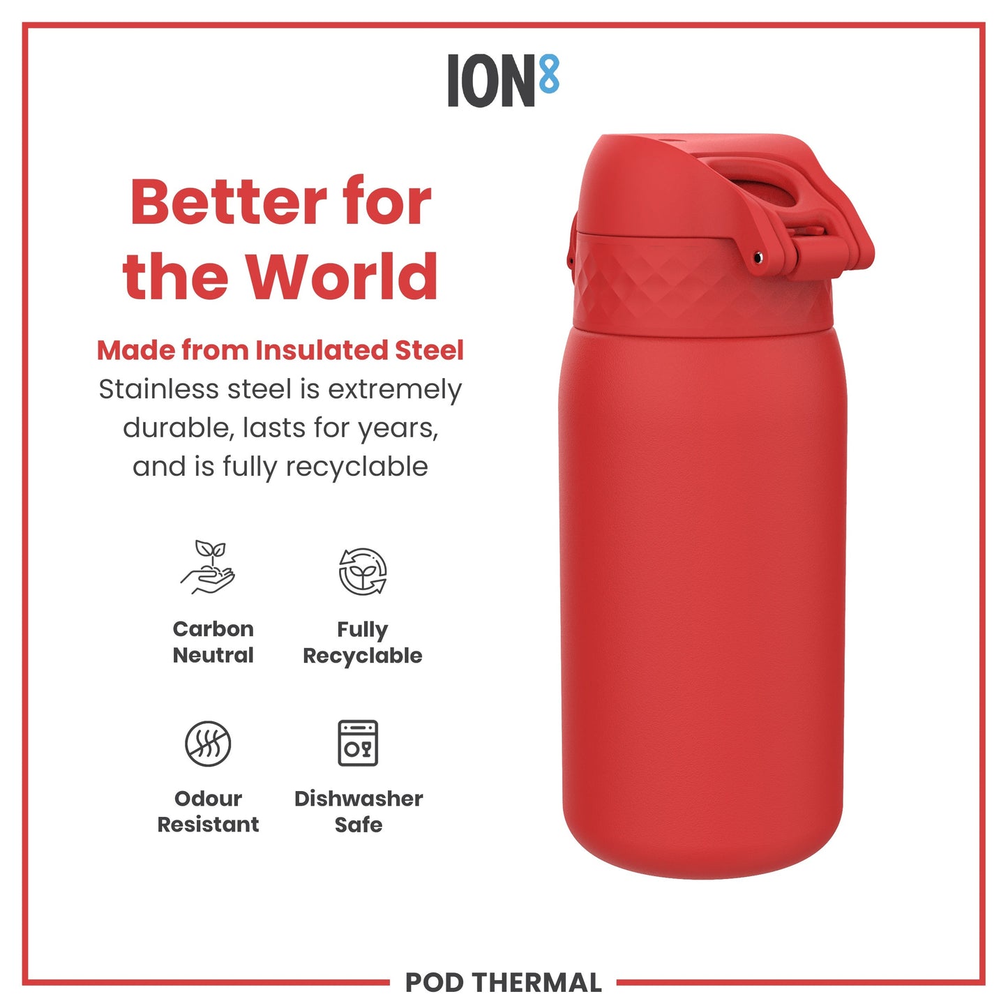 Red insulated steel water bottle with ION8 branding and sustainability features on a white background.