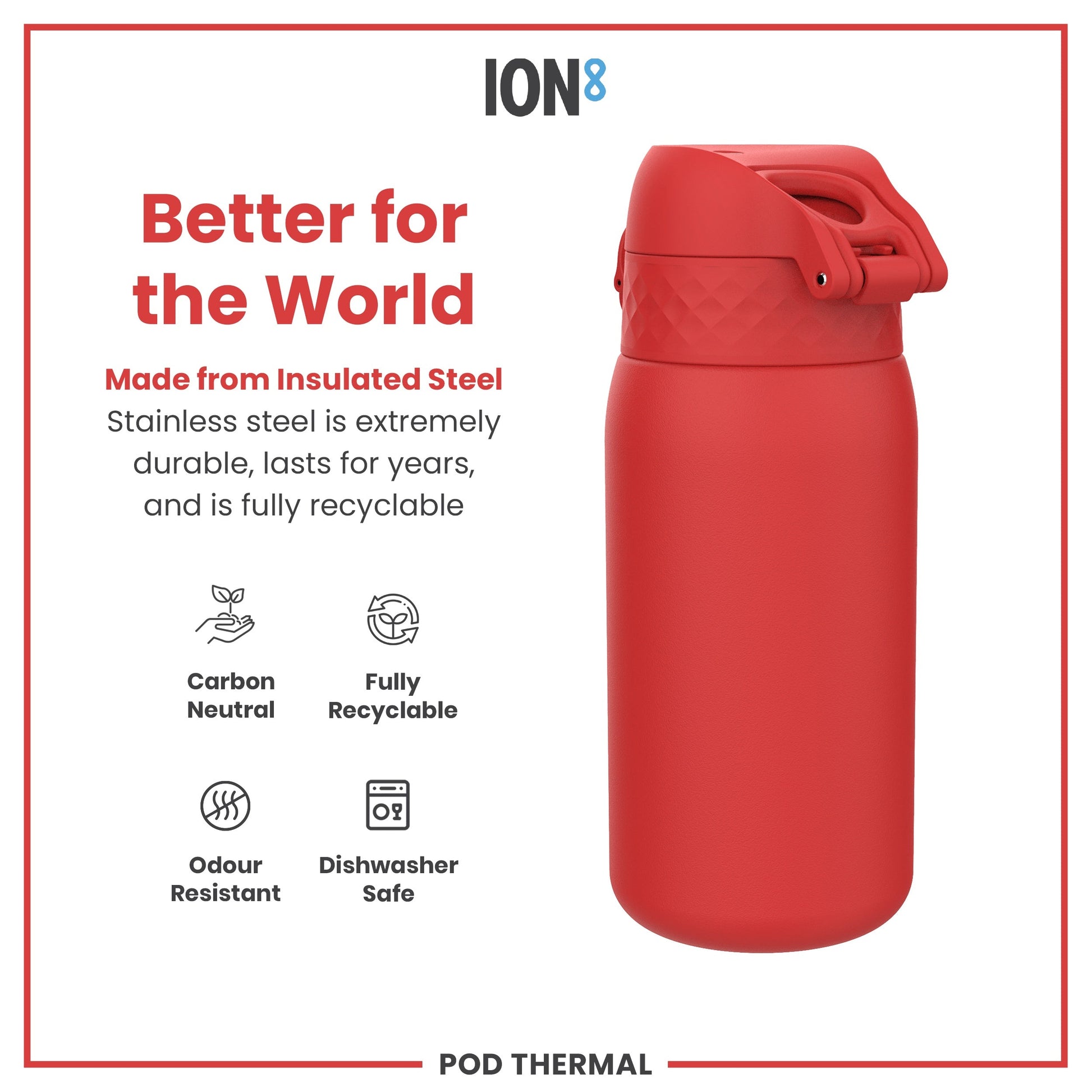 Red insulated steel water bottle with ION8 branding and sustainability features on a white background.