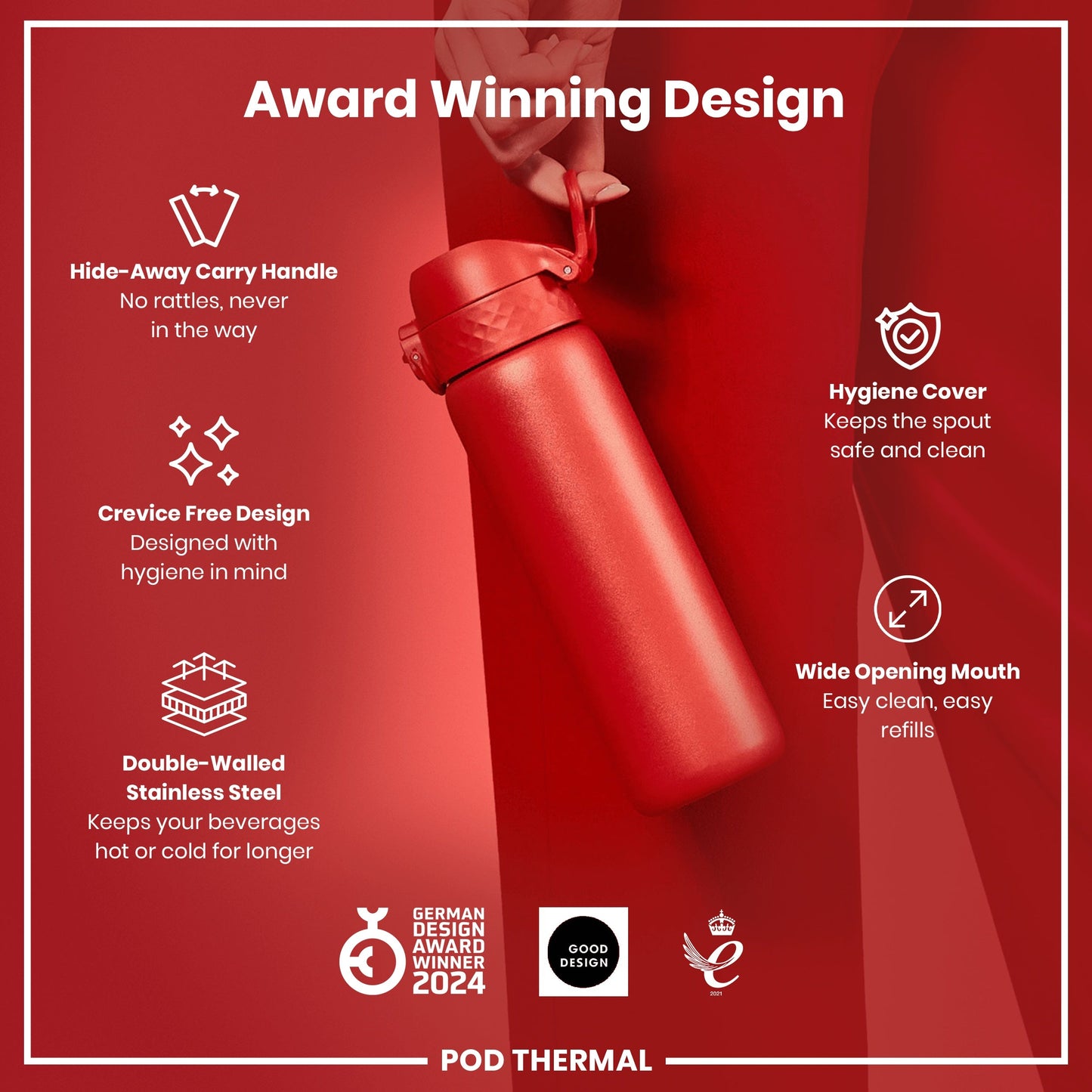 Red water bottle with features listed on a red background, including 'Award Winning Design' text.