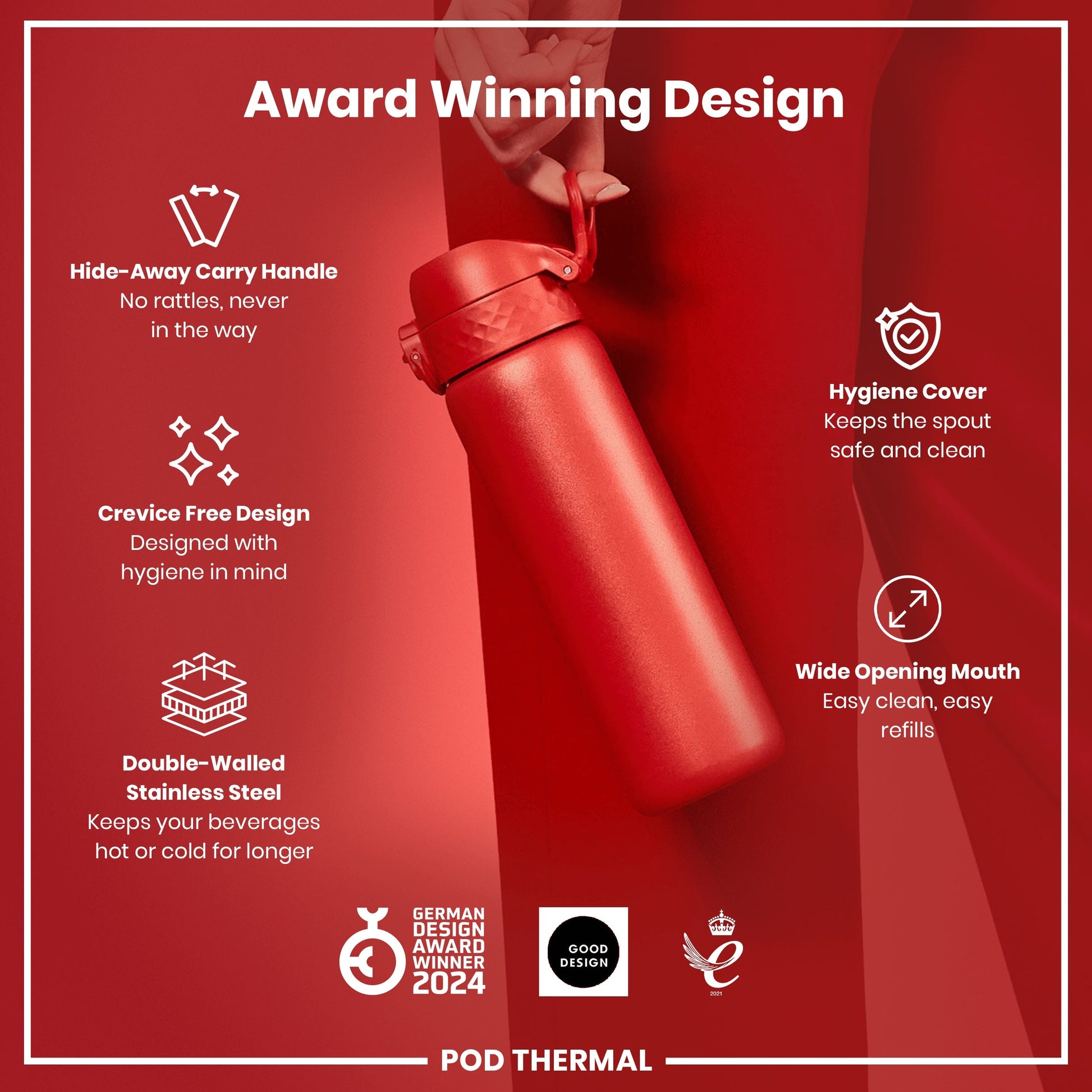 Red water bottle with features listed on a red background, including 'Award Winning Design' text.