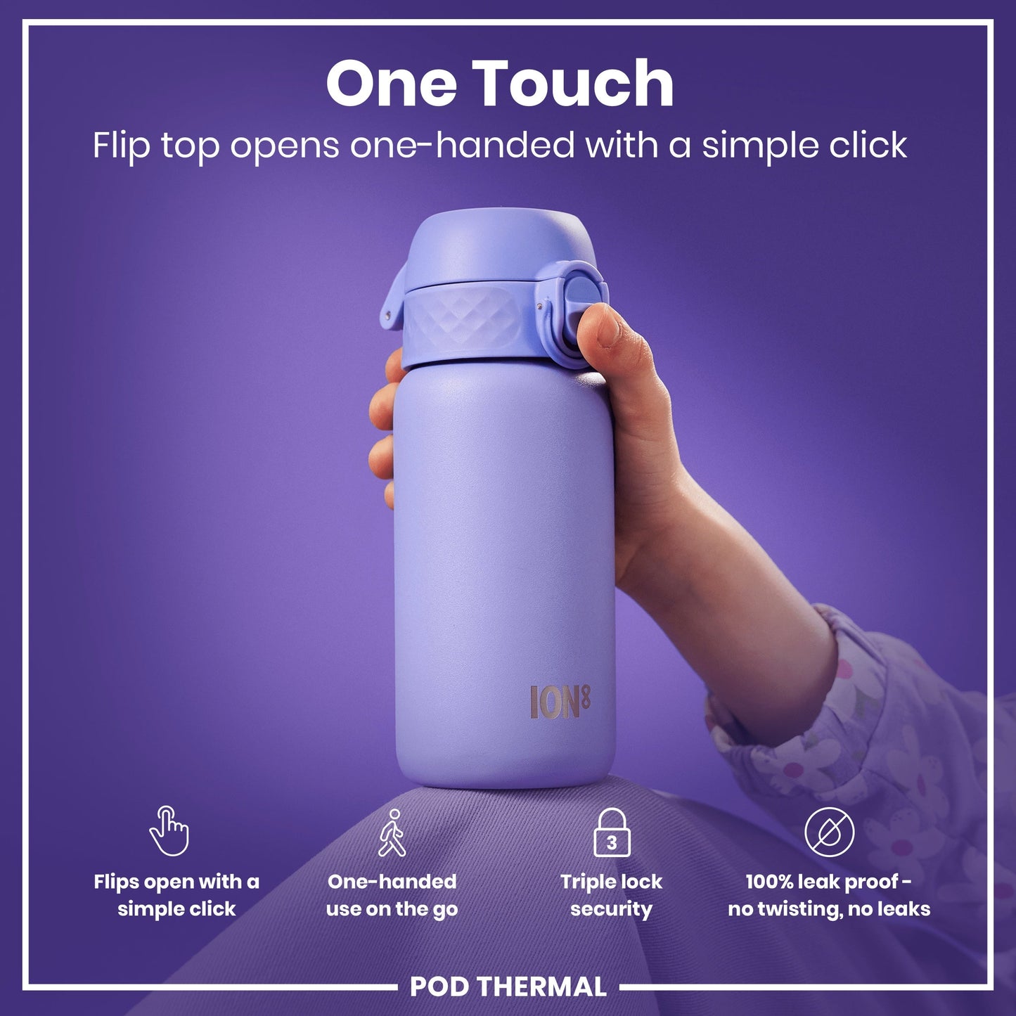 Purple water bottle with 'One Touch' feature on a purple background