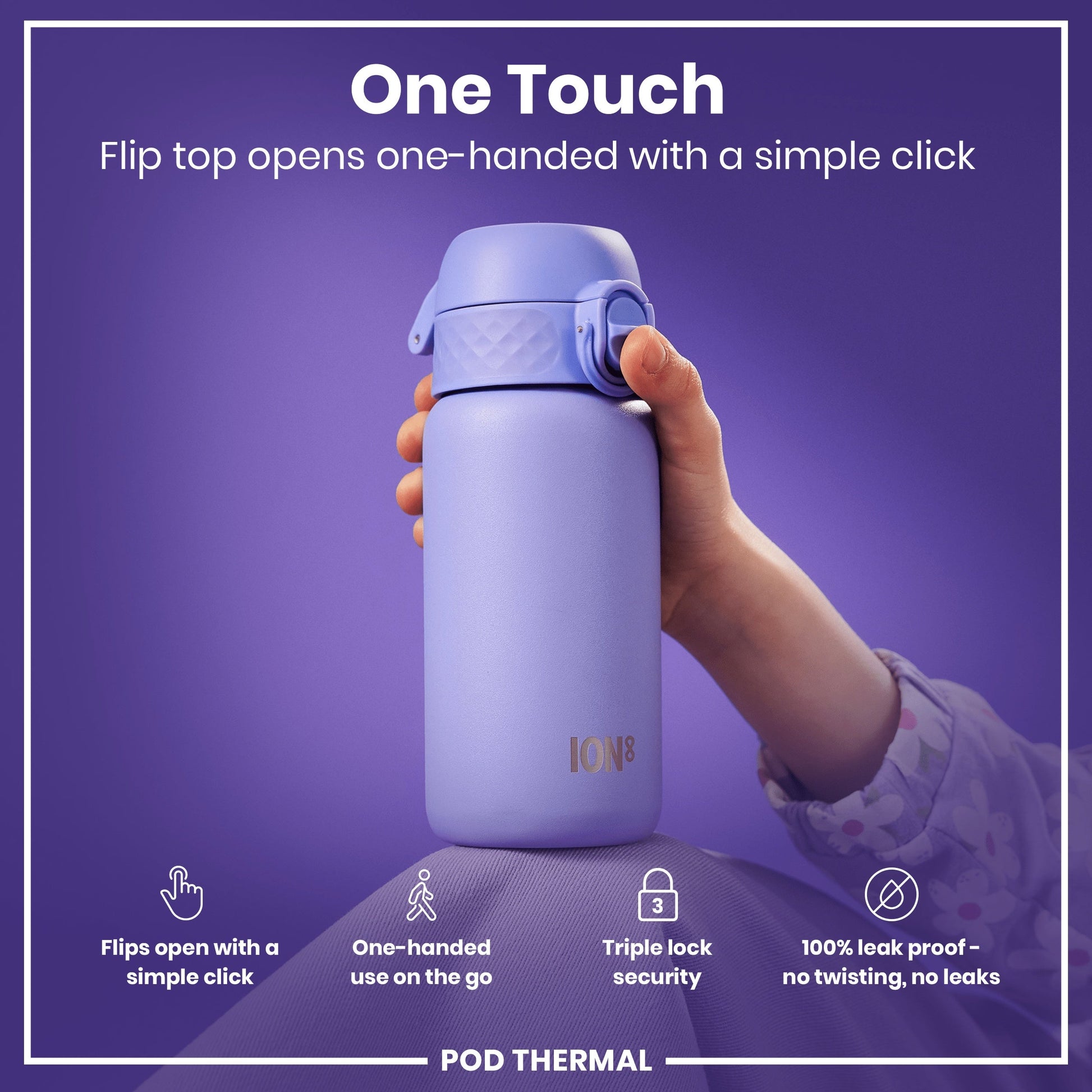 Purple water bottle with 'One Touch' feature on a purple background