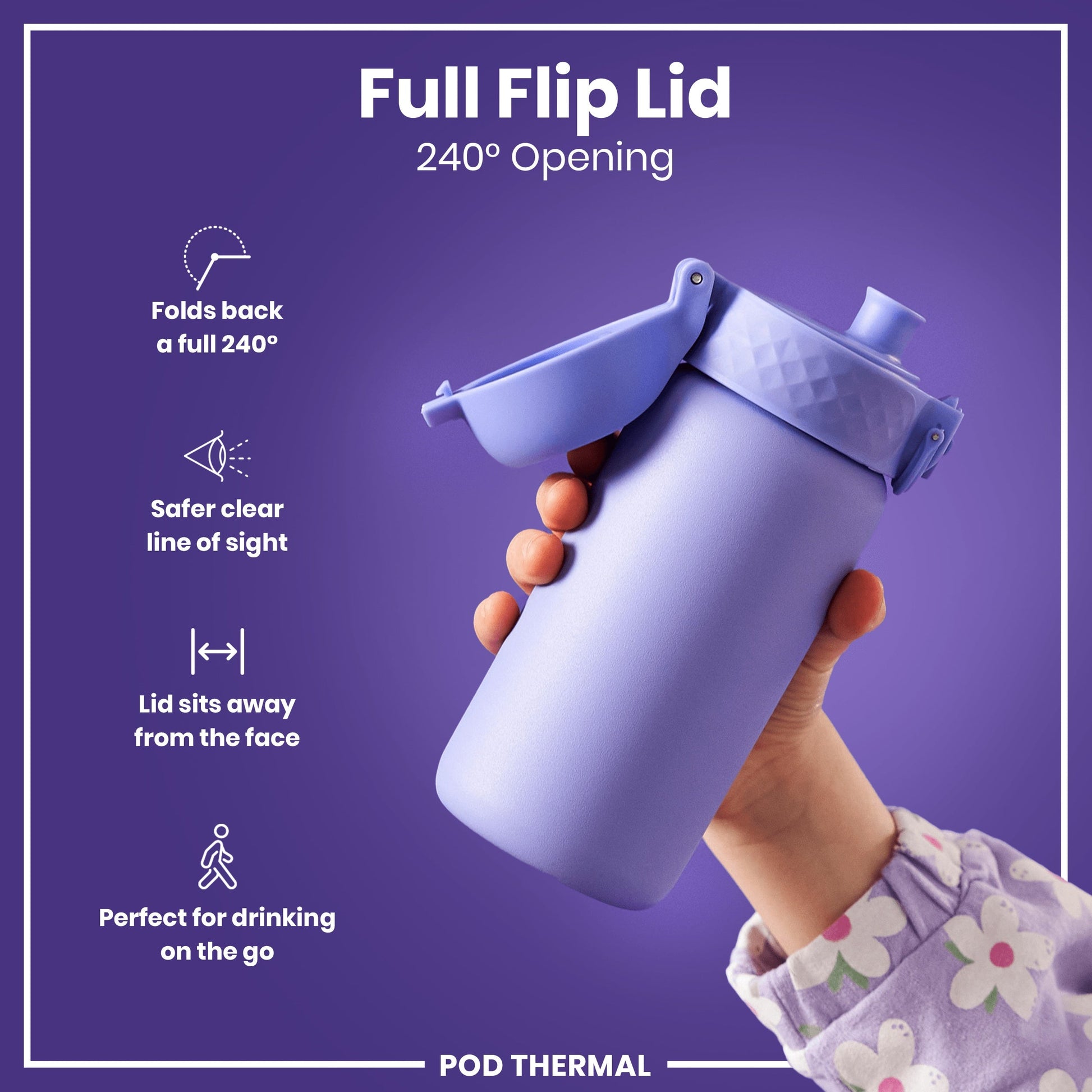 Purple water bottle with a full flip lid on a purple background, featuring text and icons about the lid's features.