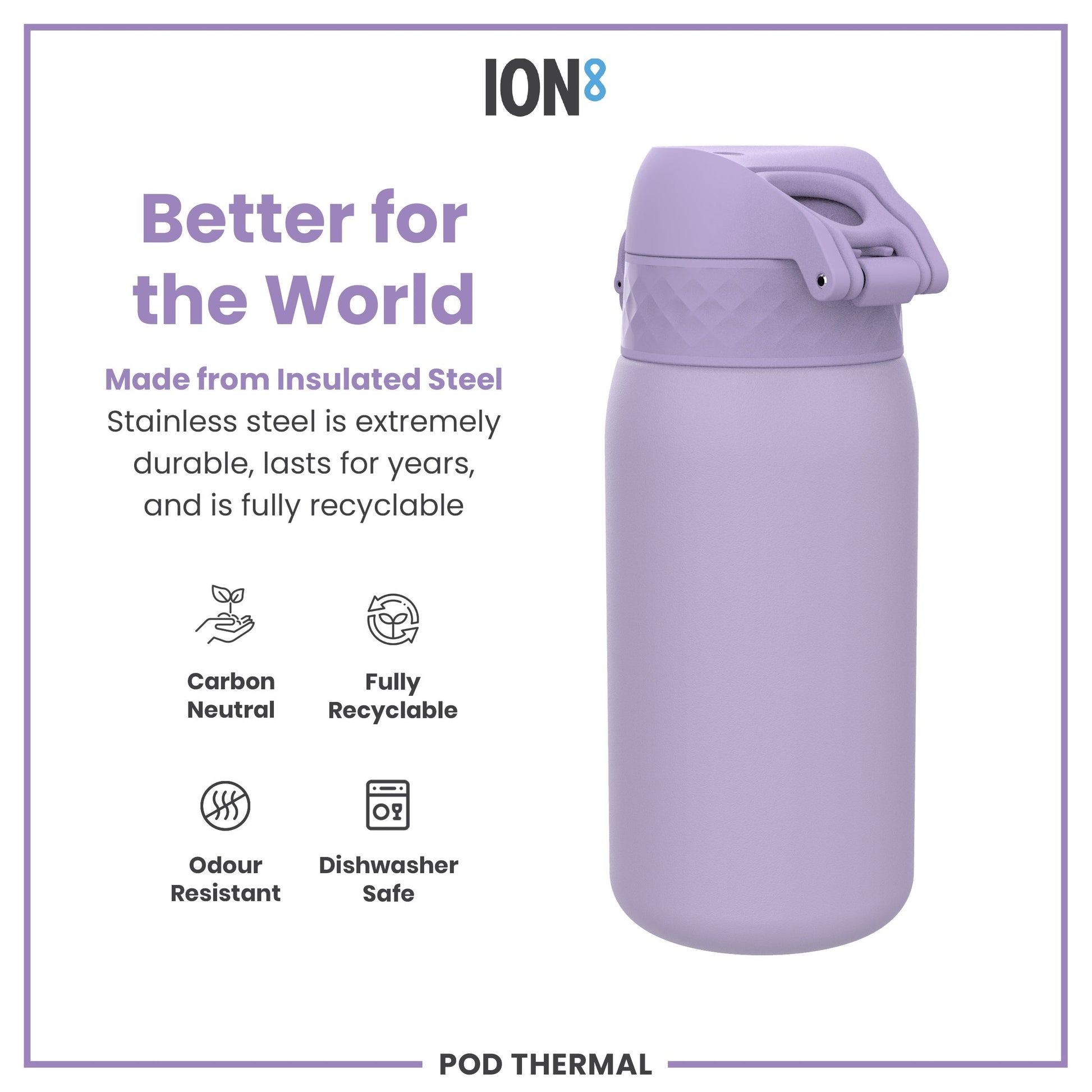 Purple insulated steel water bottle with 'ION8' branding and sustainability features listed.