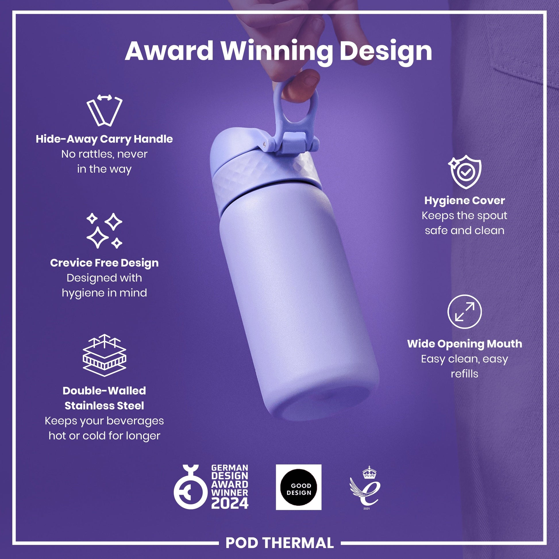 Purple thermos with features listed on a purple background