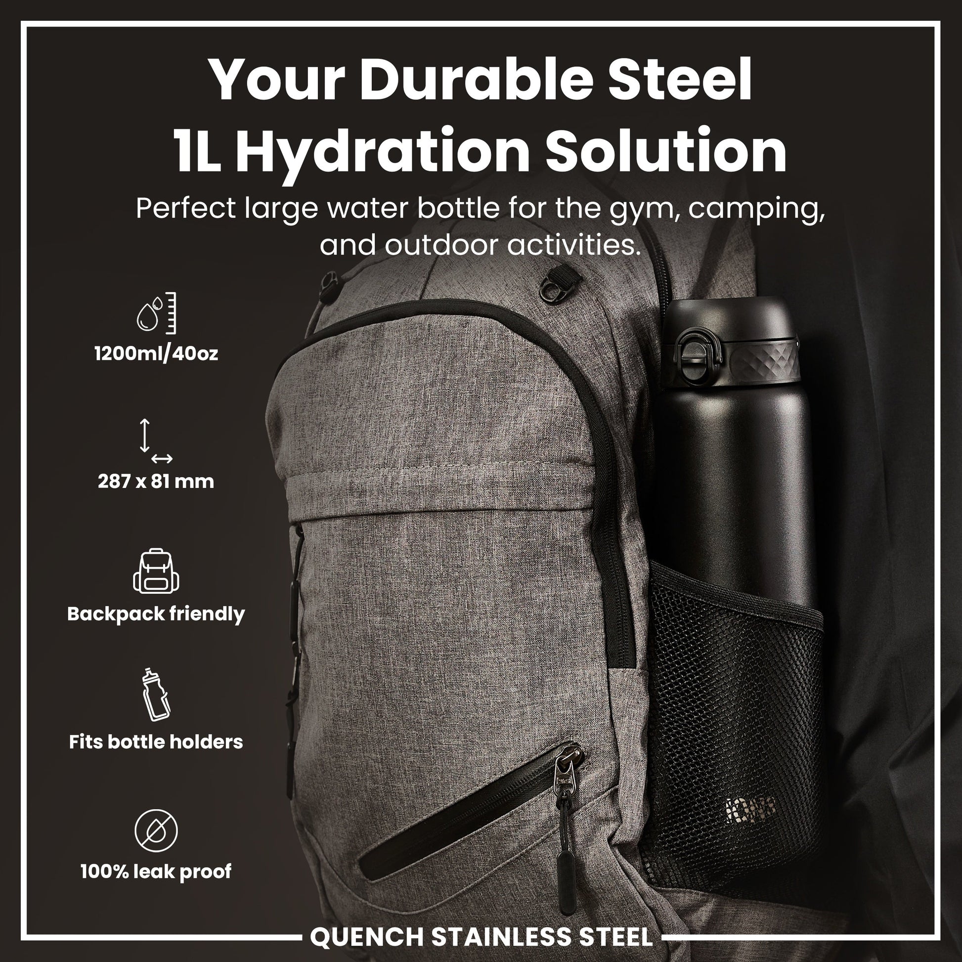 Gray backpack with a black water bottle, featuring text about durability and usage.