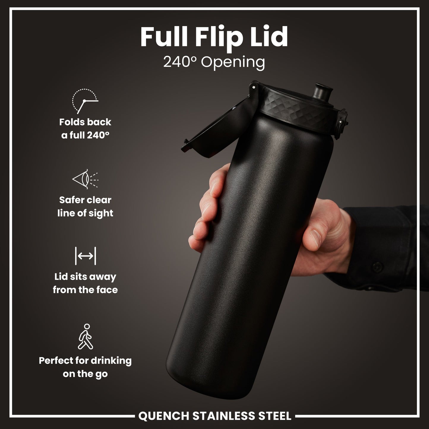Black stainless steel water bottle with full flip lid feature on a dark background