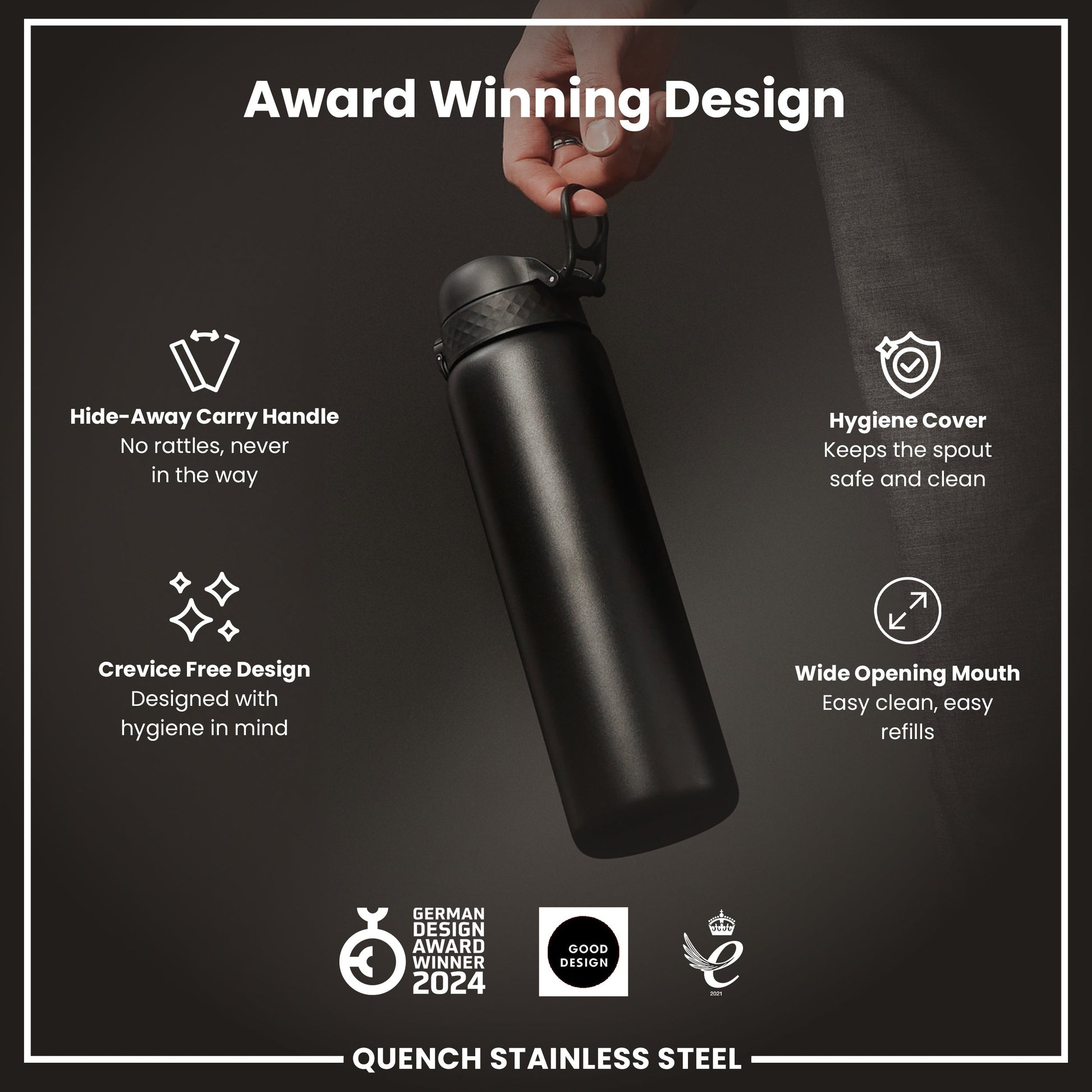 Black stainless steel water bottle with features highlighted on a dark background