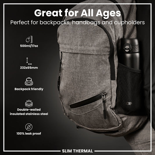 Gray insulated backpack with a water bottle, featuring text on its benefits.