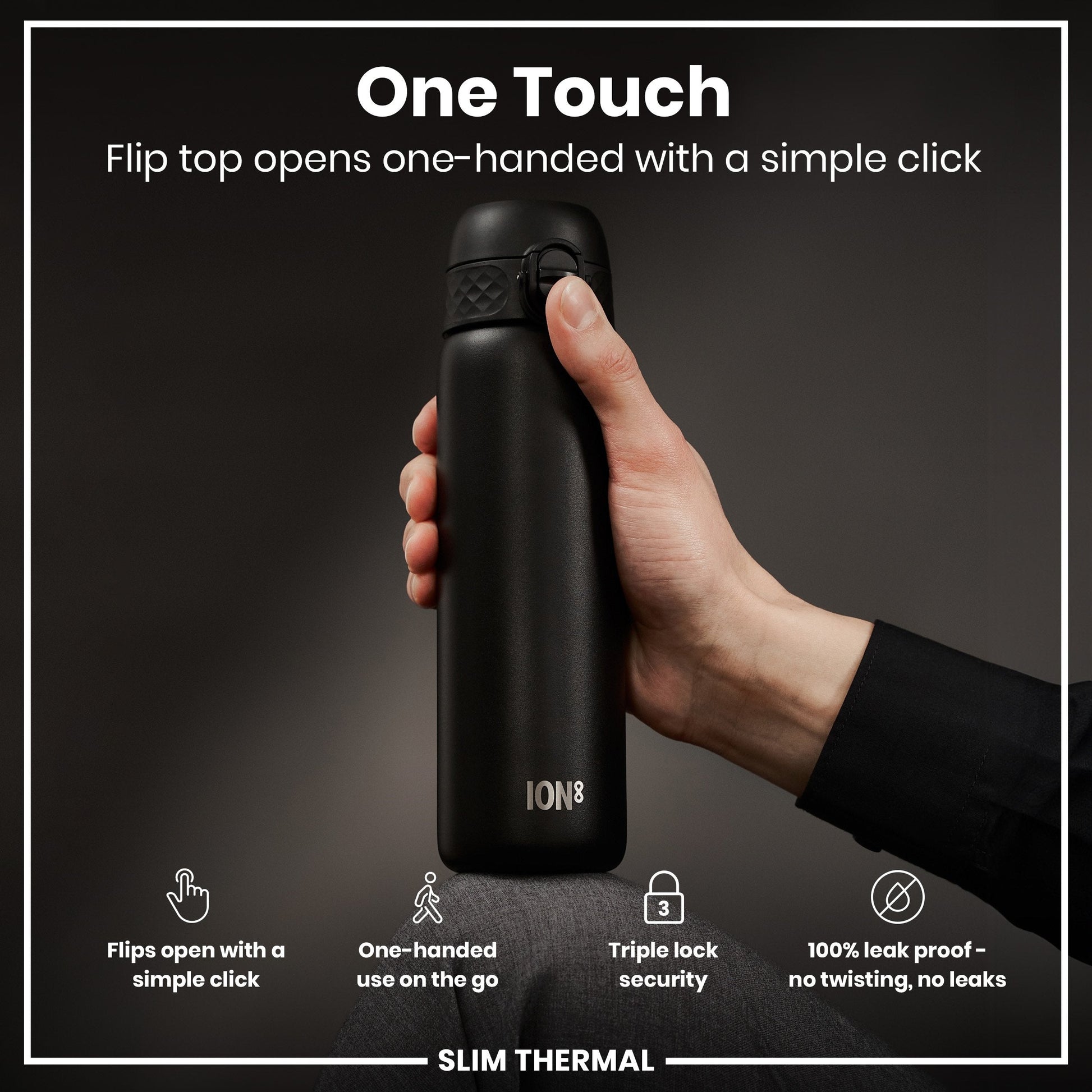 Black insulated bottle held by a hand with text highlighting features on a dark background