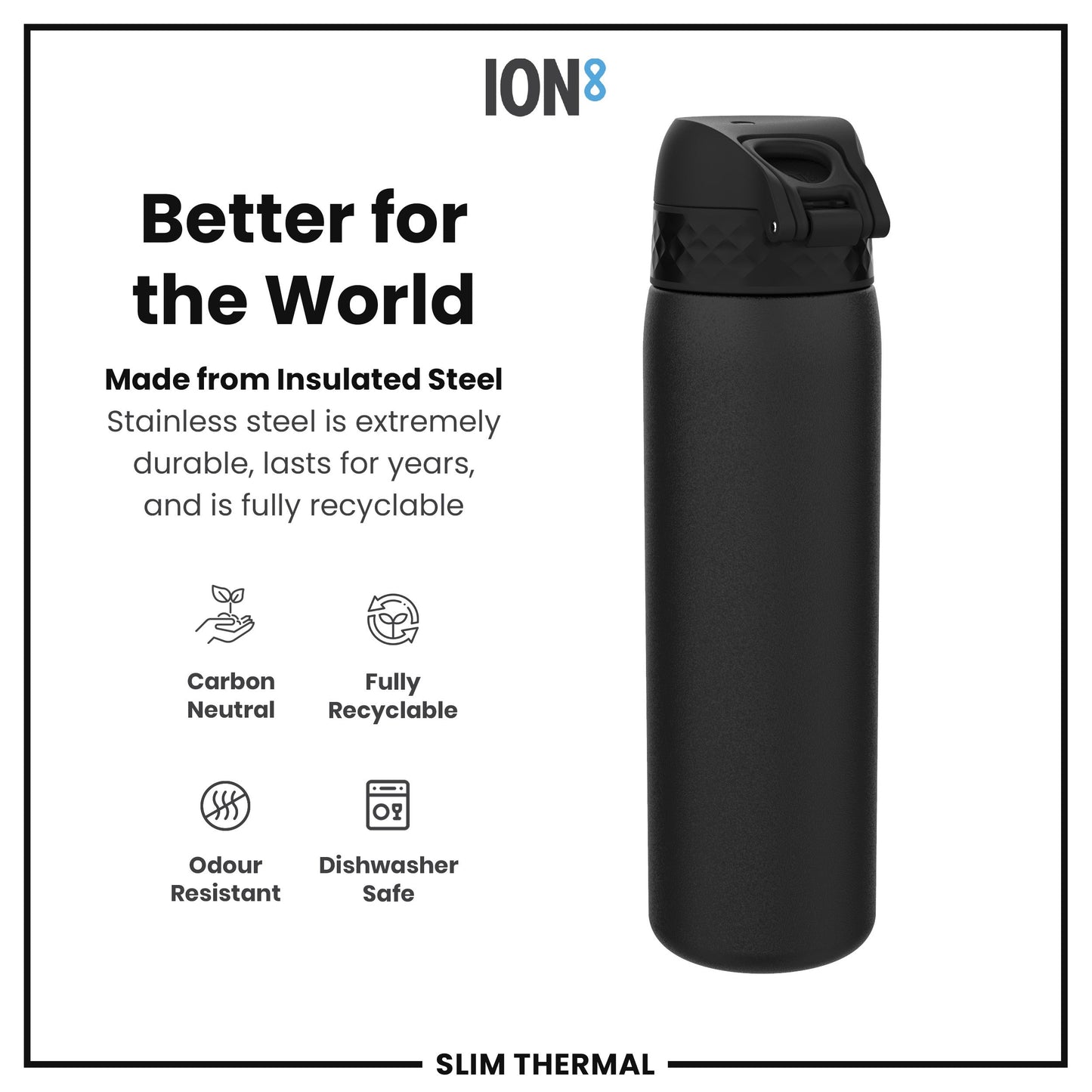 Black insulated steel water bottle with ION8 branding and sustainability features on a white background.