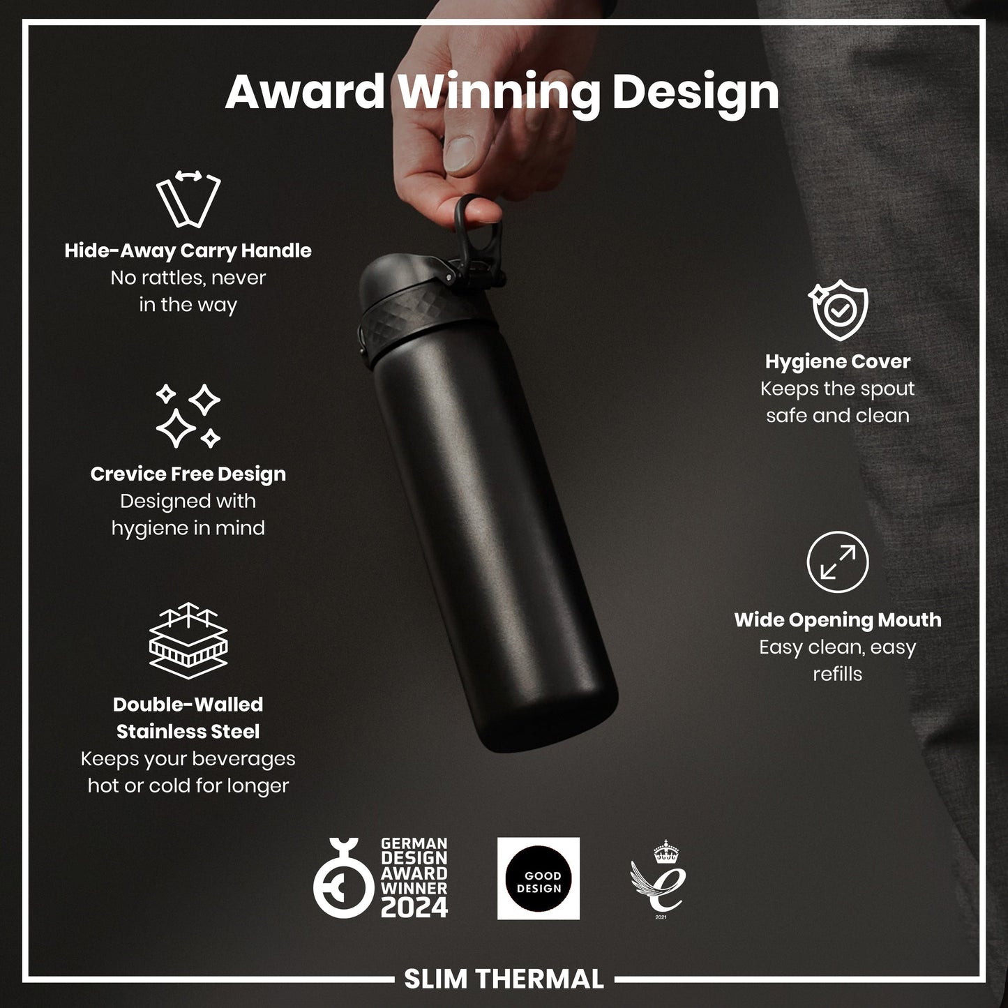 Black water bottle with features highlighted on a dark background