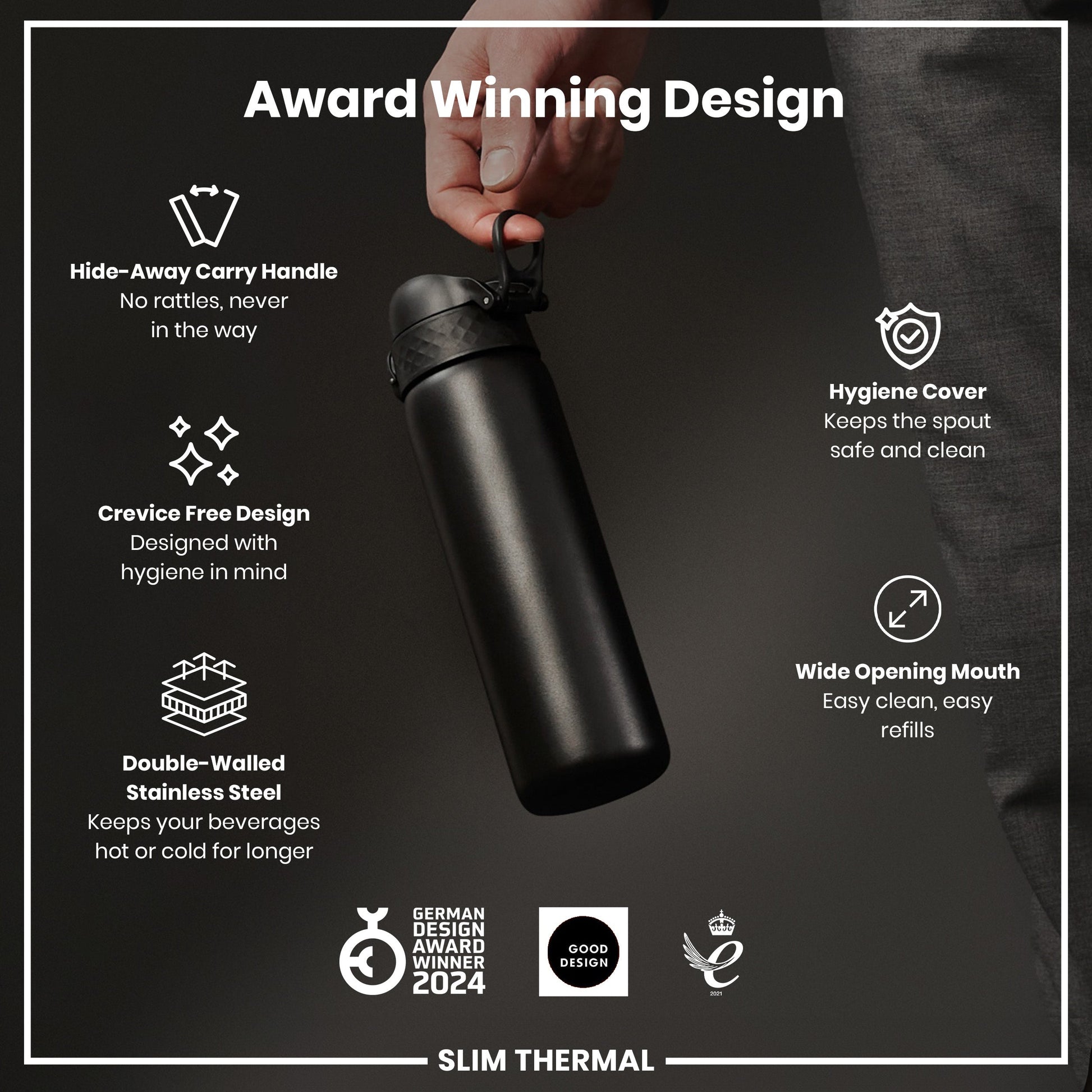 Black water bottle with features highlighted on a dark background