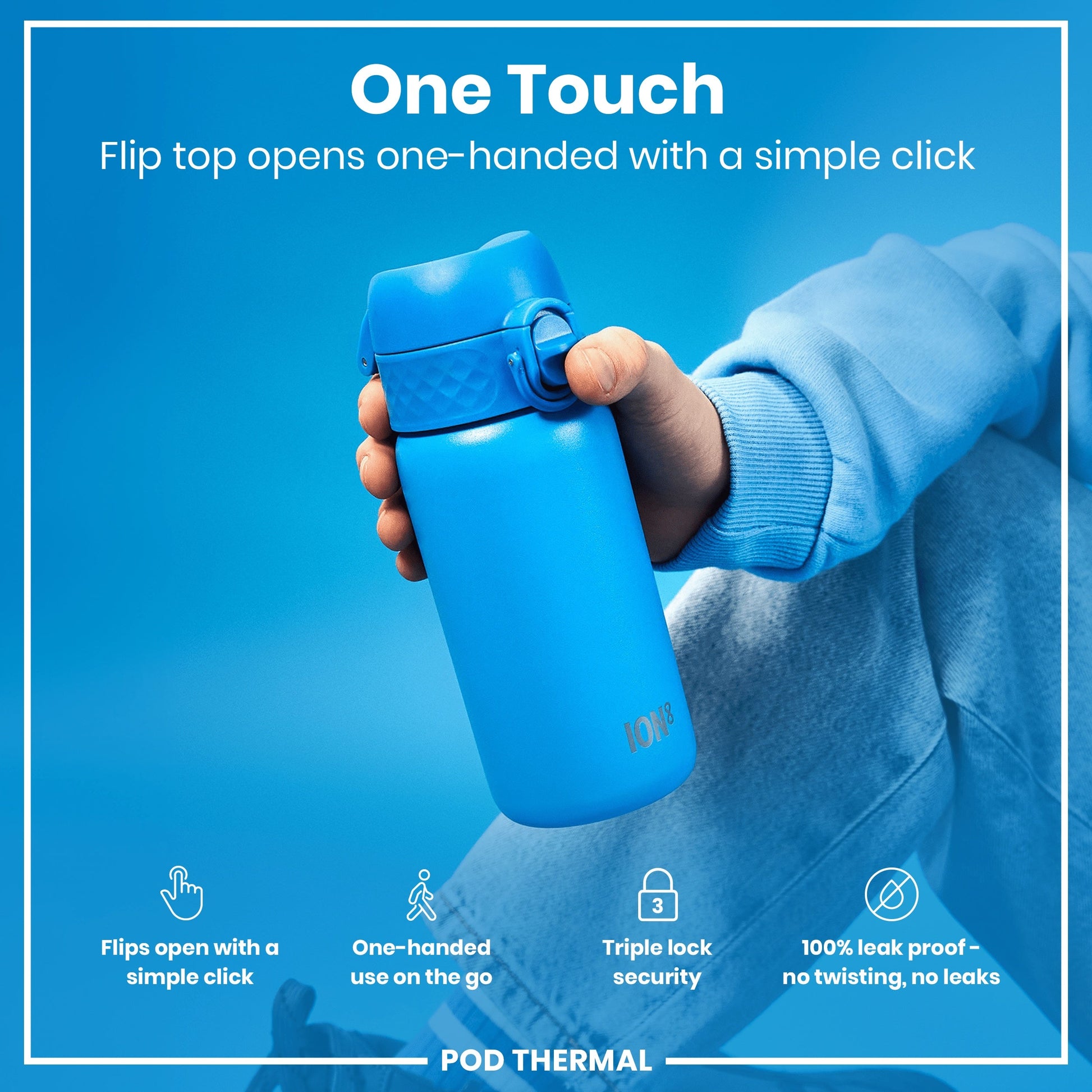 Blue thermos with 'One Touch' feature on a blue background
