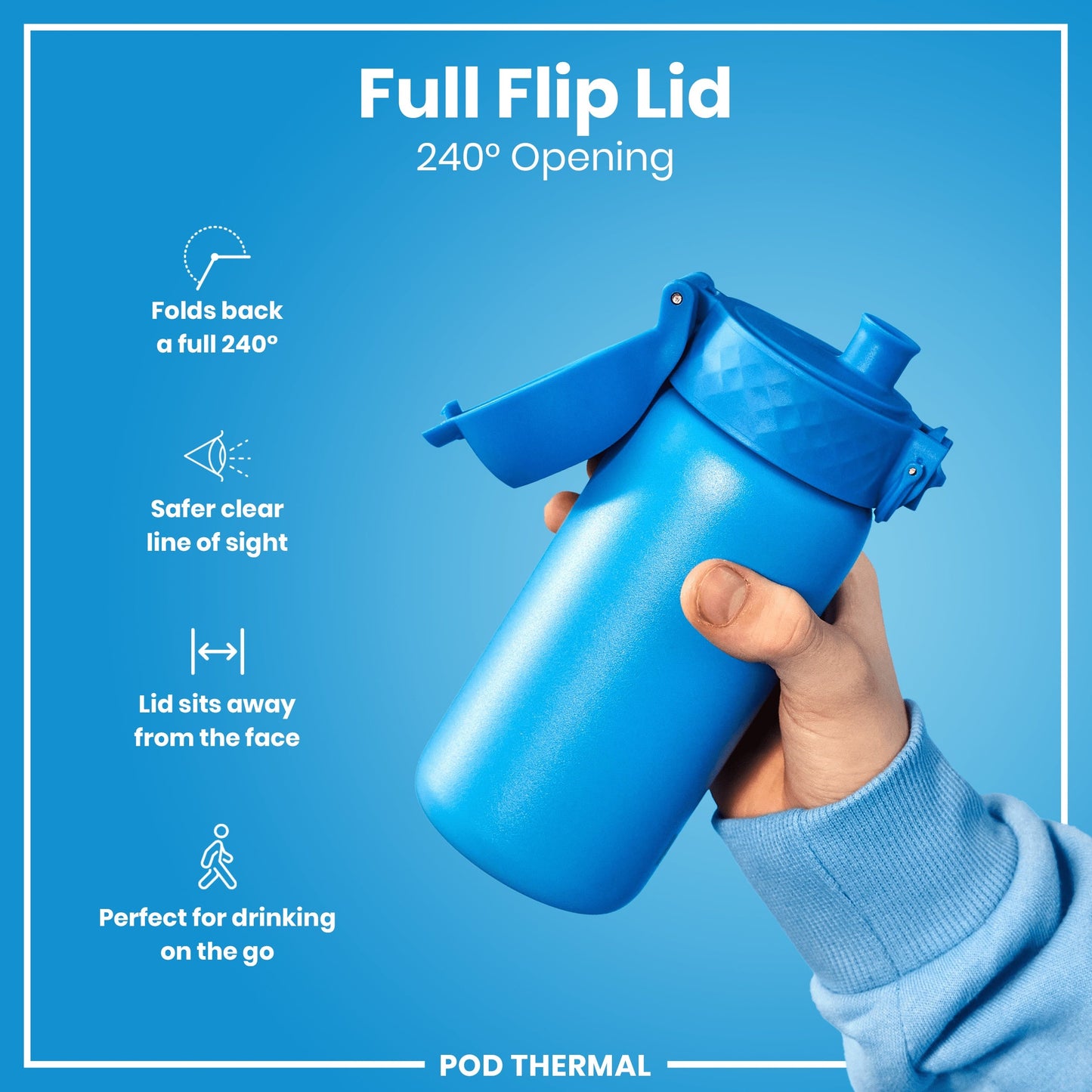Blue water bottle with a full flip lid held by a hand on a blue background