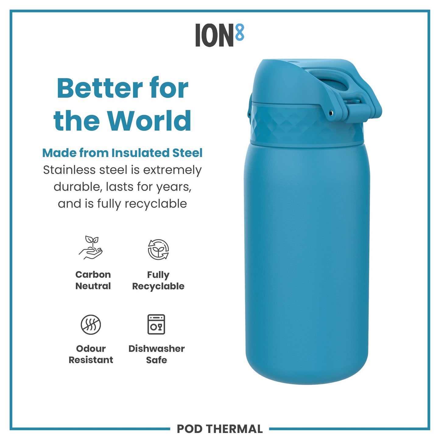 Blue insulated steel water bottle with ION8 branding and sustainability features on a white background