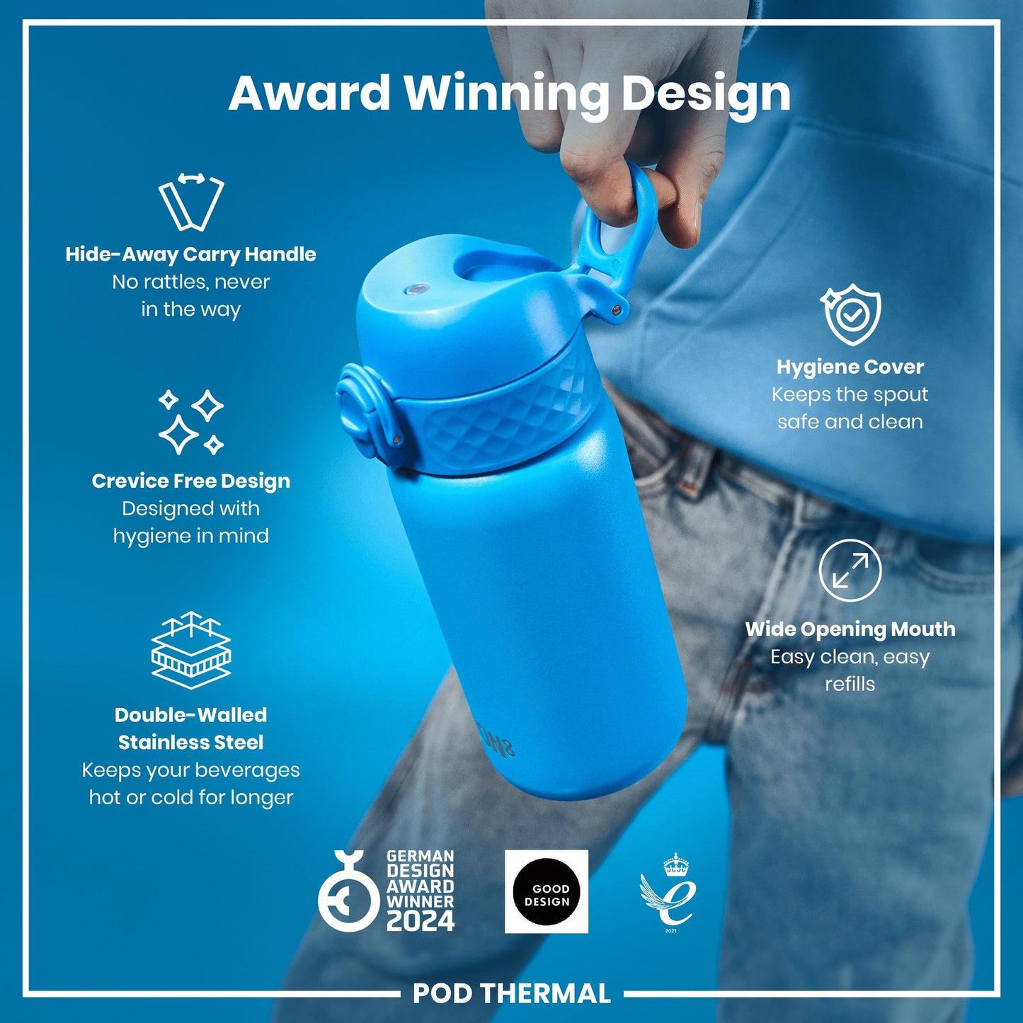 Blue water bottle with features highlighted on a blue background