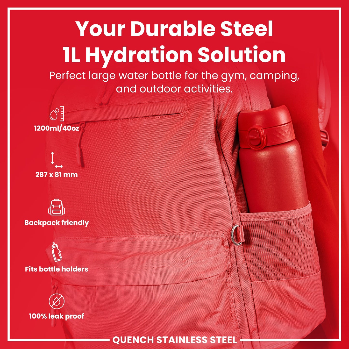 Red hydration bottle in a backpack with product features on a red background