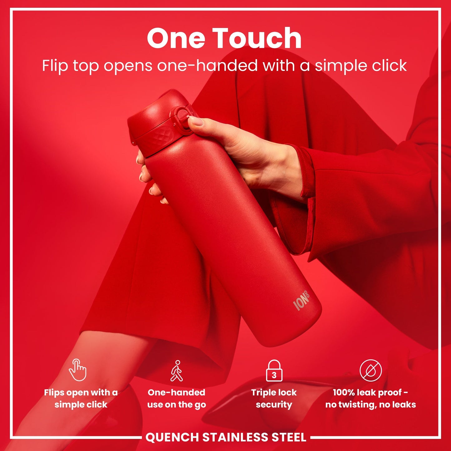 Red water bottle with 'One Touch' feature on a red background