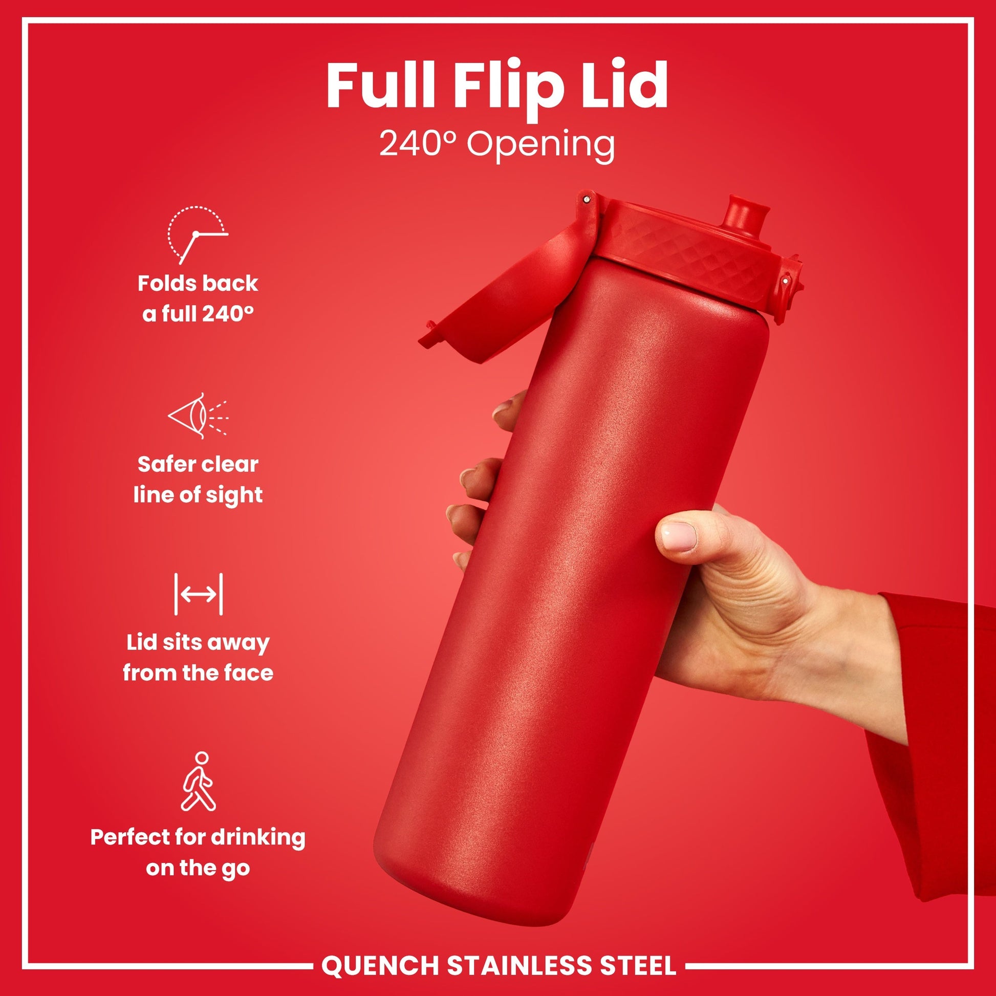 Red water bottle with full flip lid on a red background