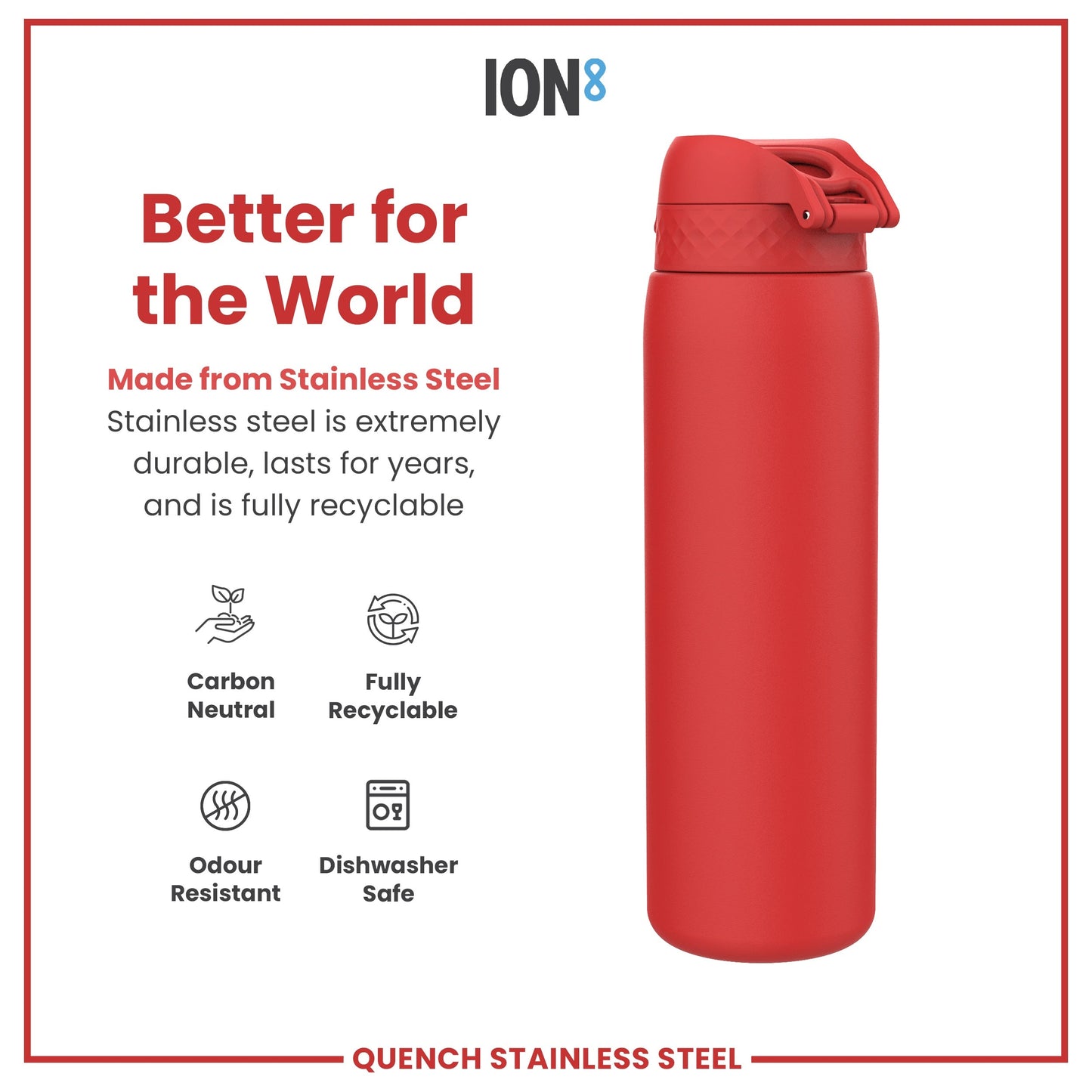 Red stainless steel water bottle with ION8 branding and sustainability features on a white background.