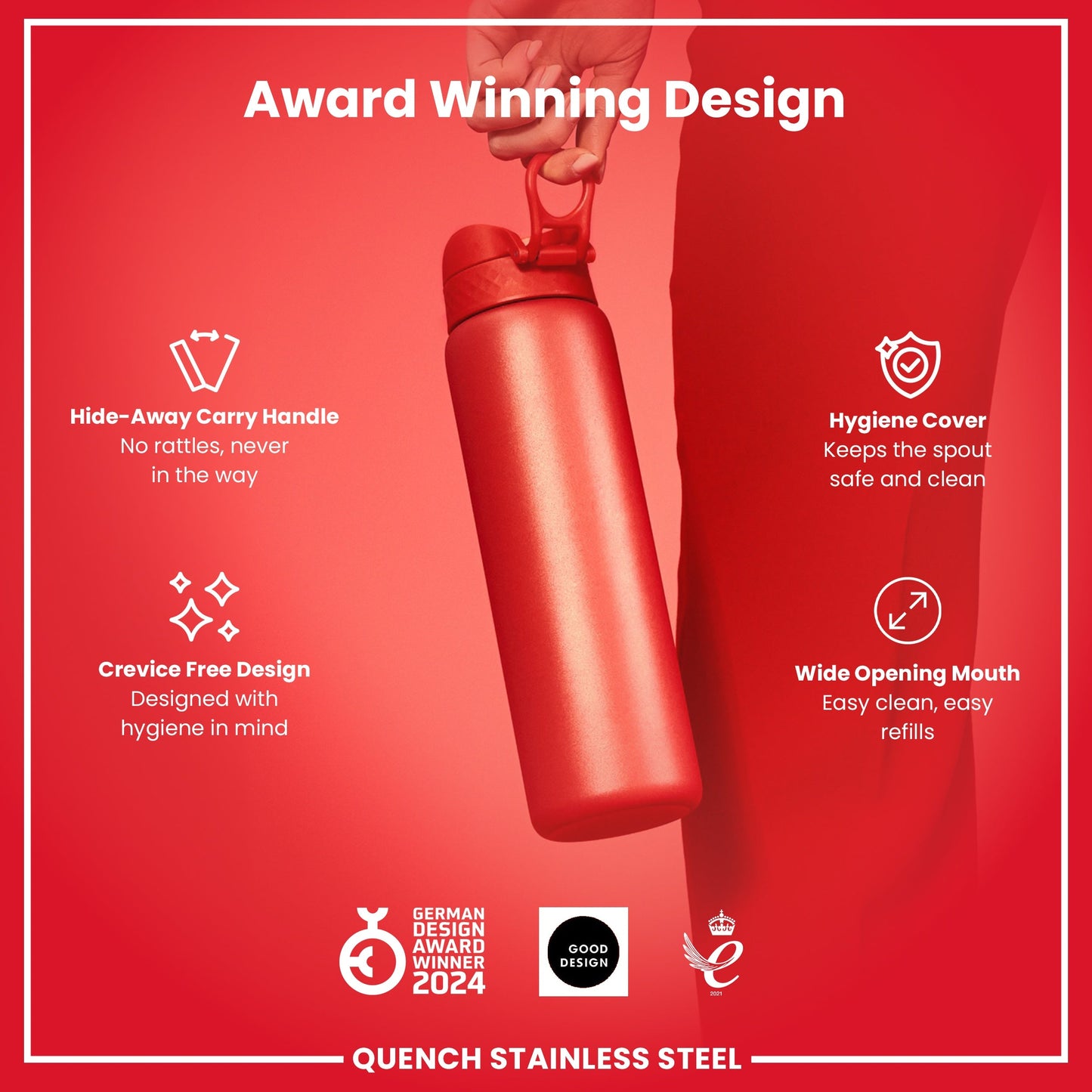 Red water bottle with features highlighted on a red background