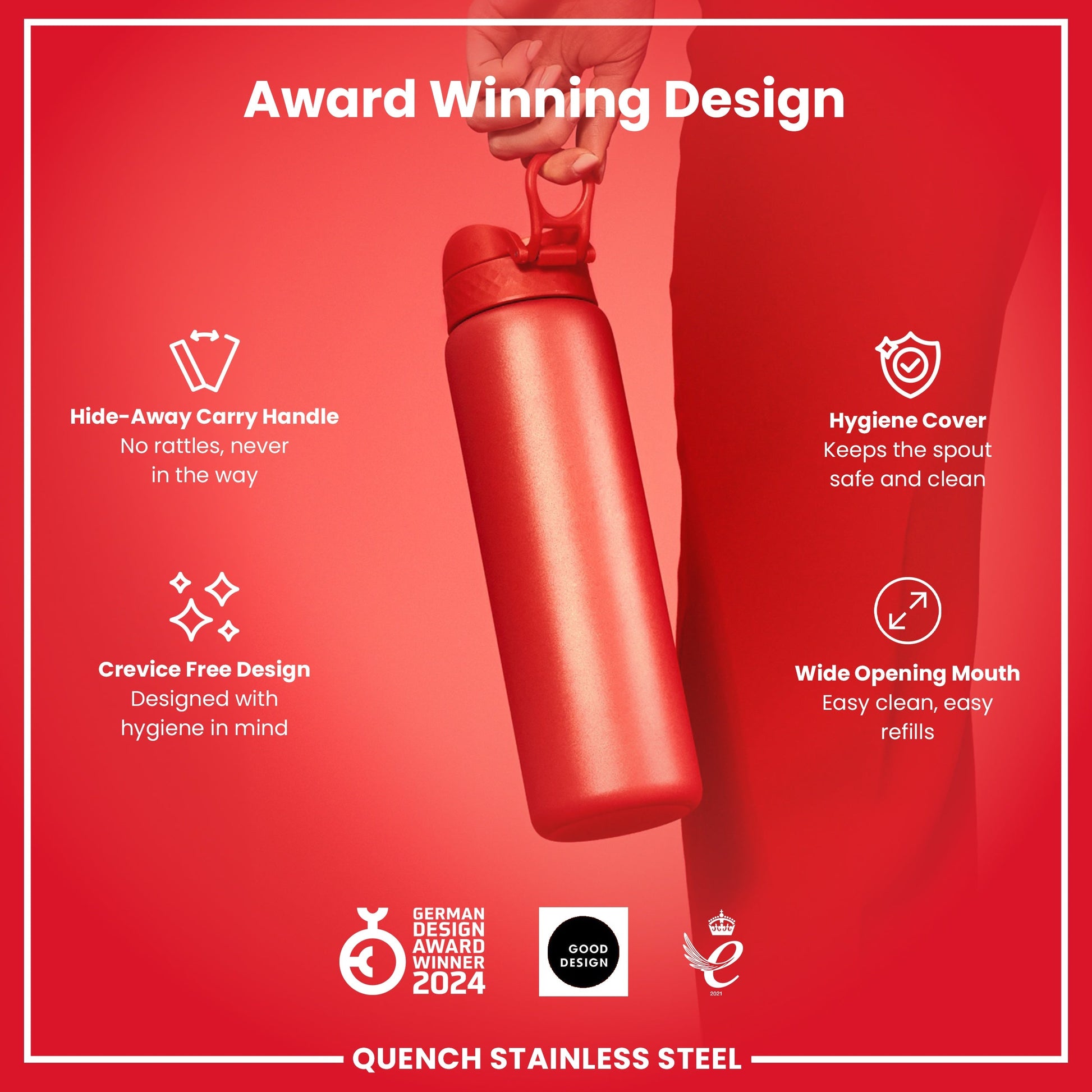 Red water bottle with features highlighted on a red background