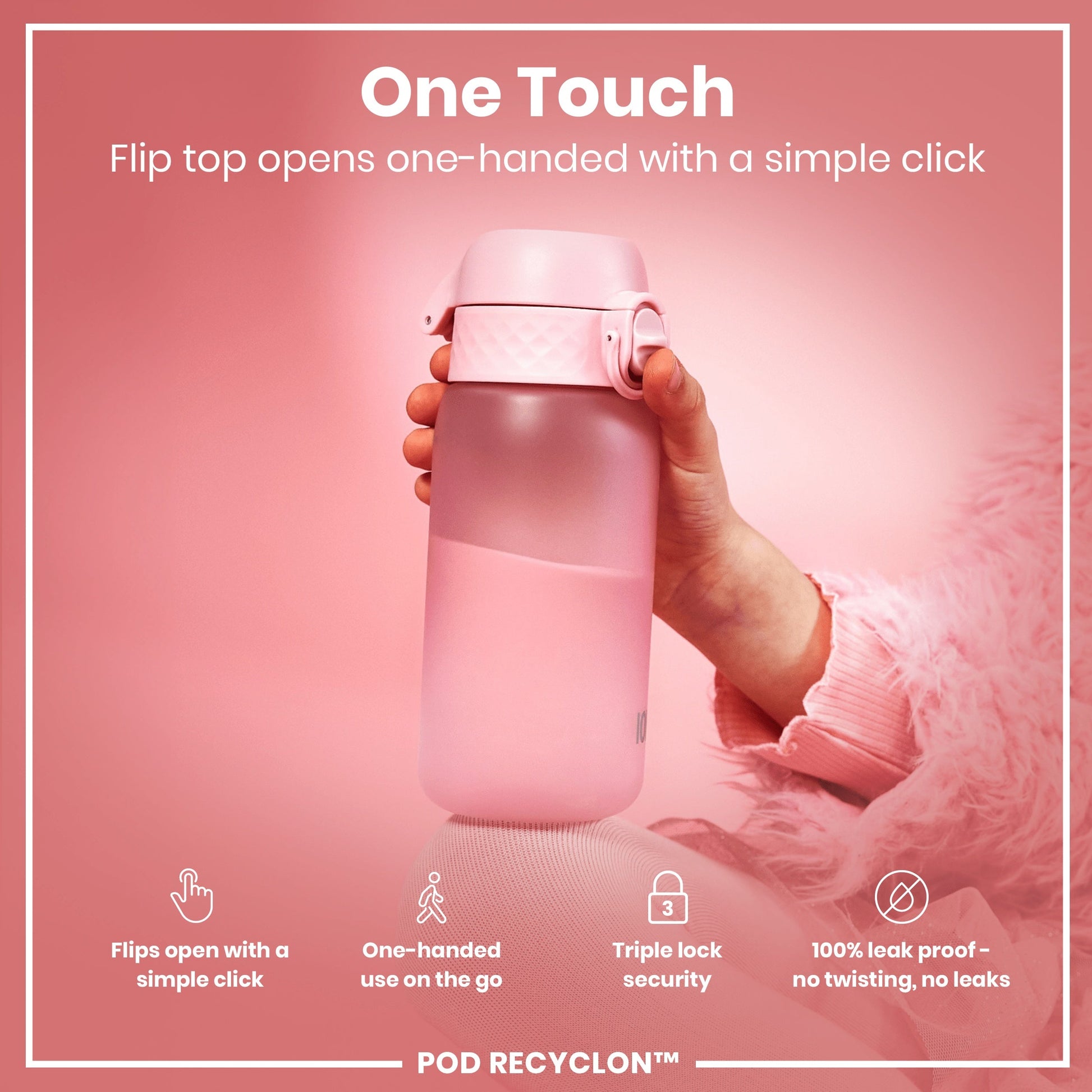 Pink water bottle held by a hand with text highlighting features on a pink background