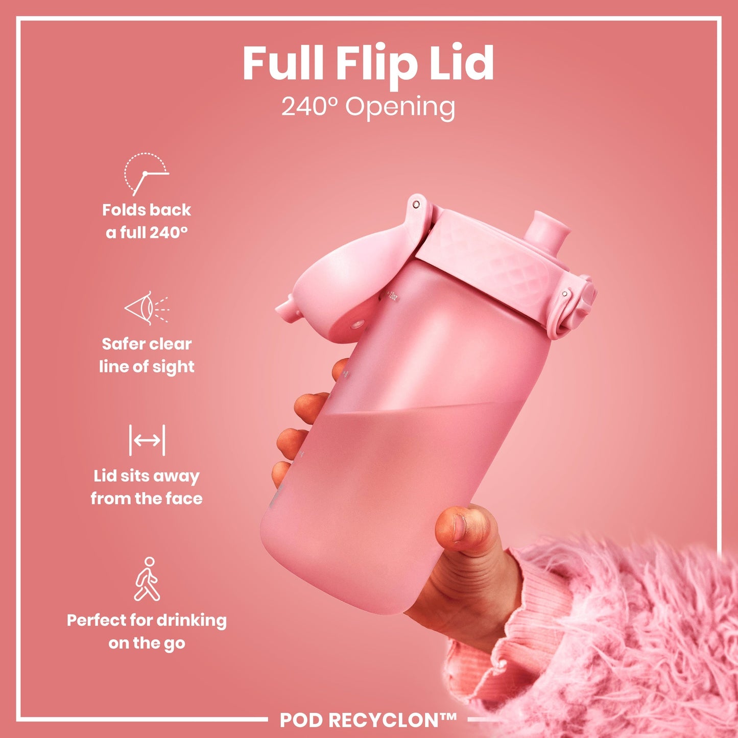 Pink water bottle with a full flip lid on a pink background, featuring text about the lid's features.