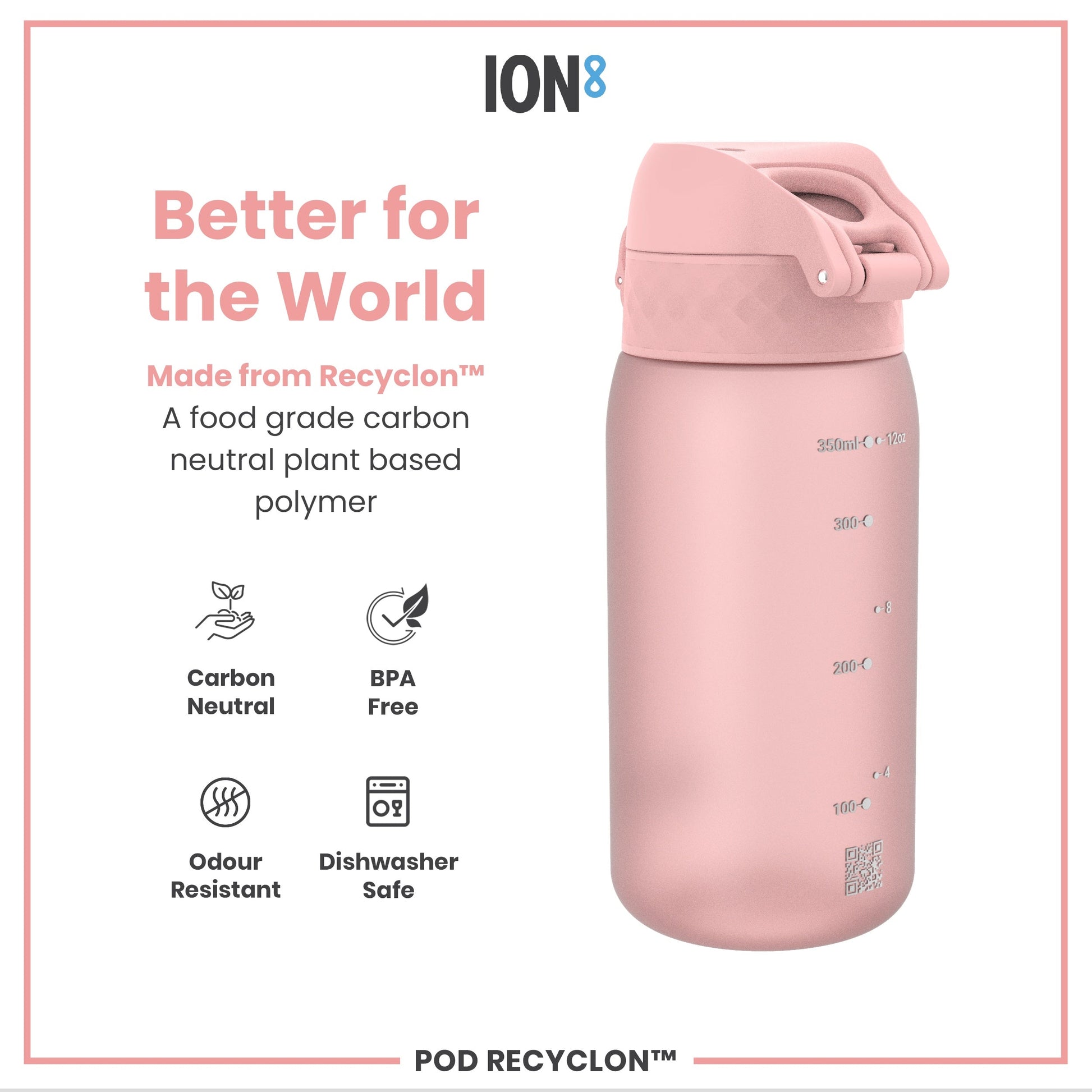 Pink water bottle with 'ION8' branding and sustainability features on a white background