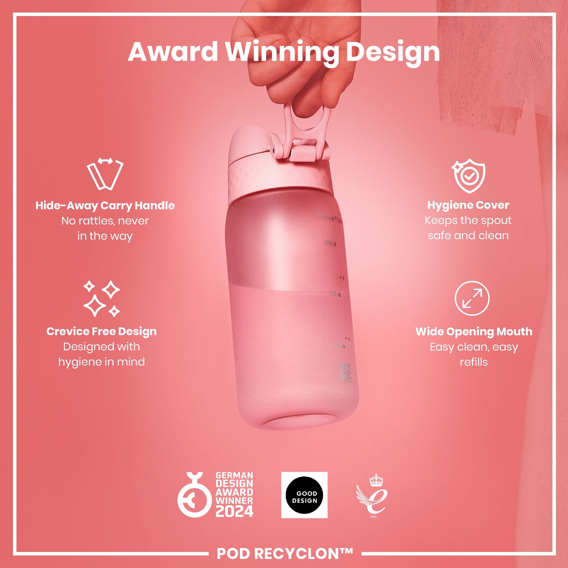Pink water bottle with features highlighted on a pink background, including 'Award Winning Design' text.