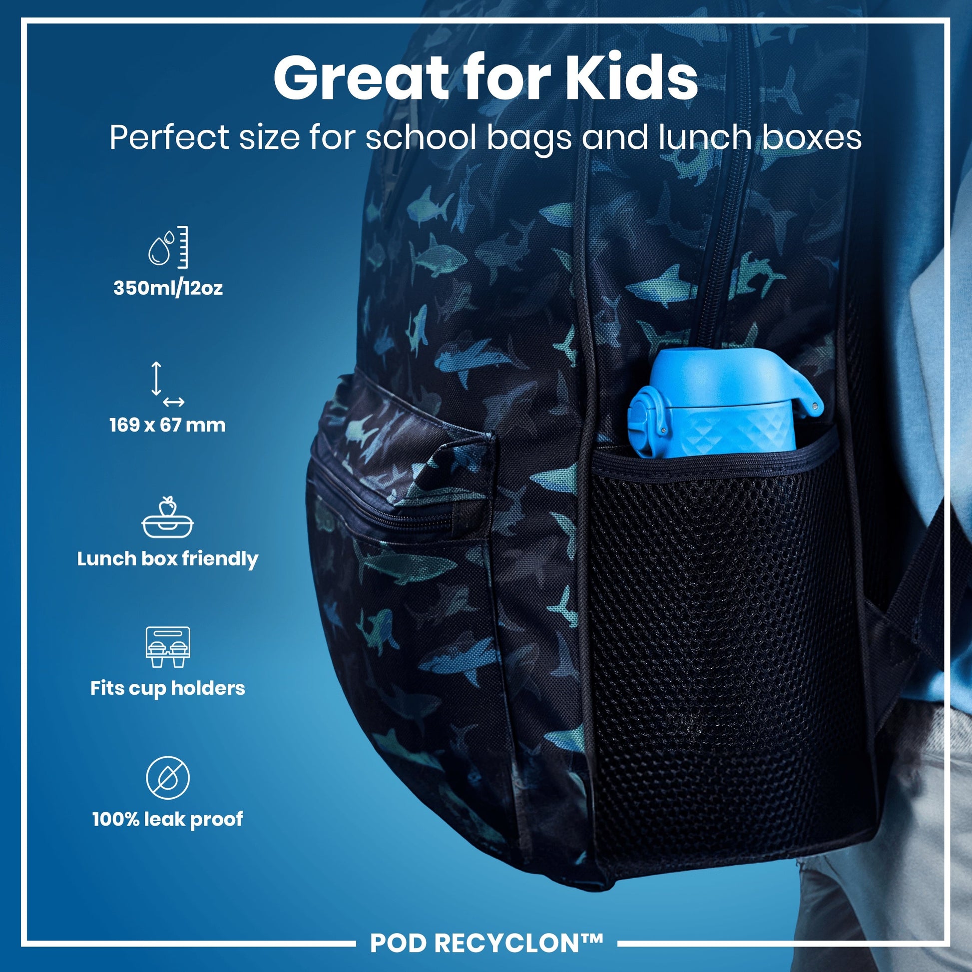 Backpack with shark pattern and blue lunch box in pocket, featuring product details on a blue background.