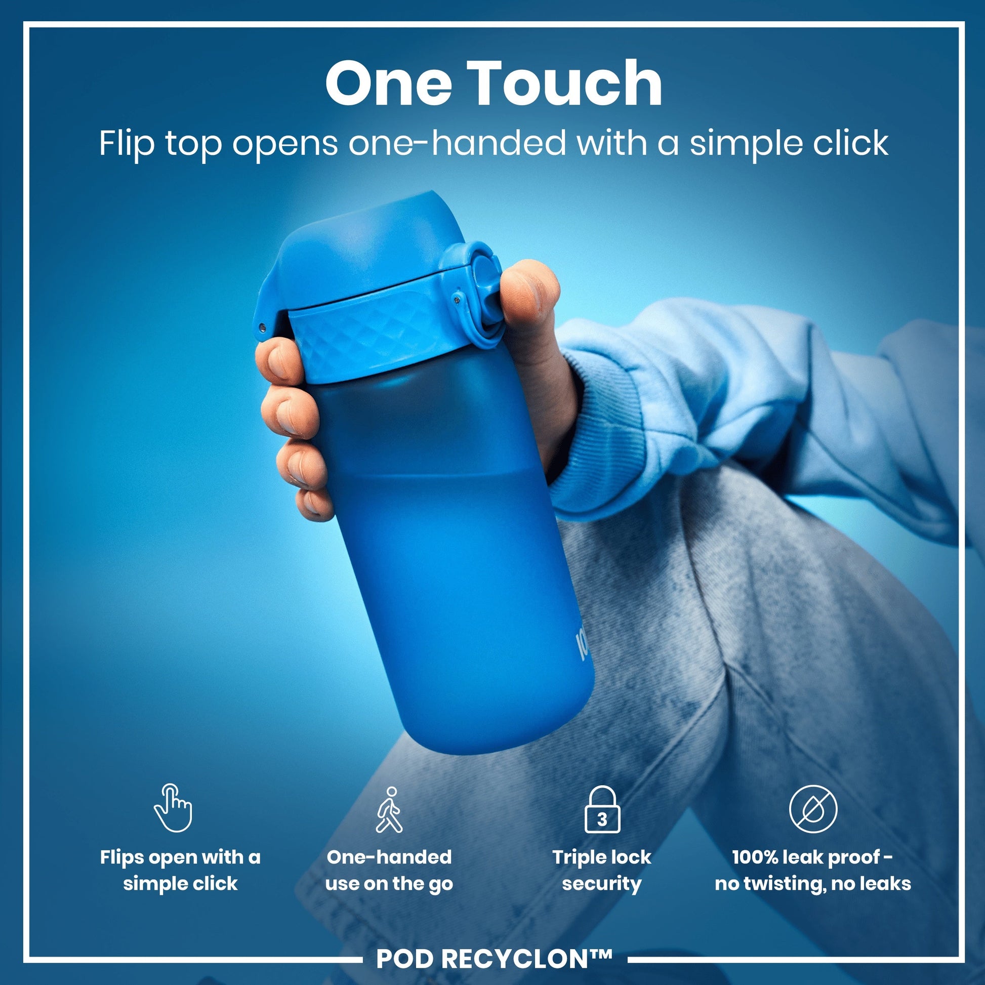 Blue shaker bottle with flip top being held, against a blue background