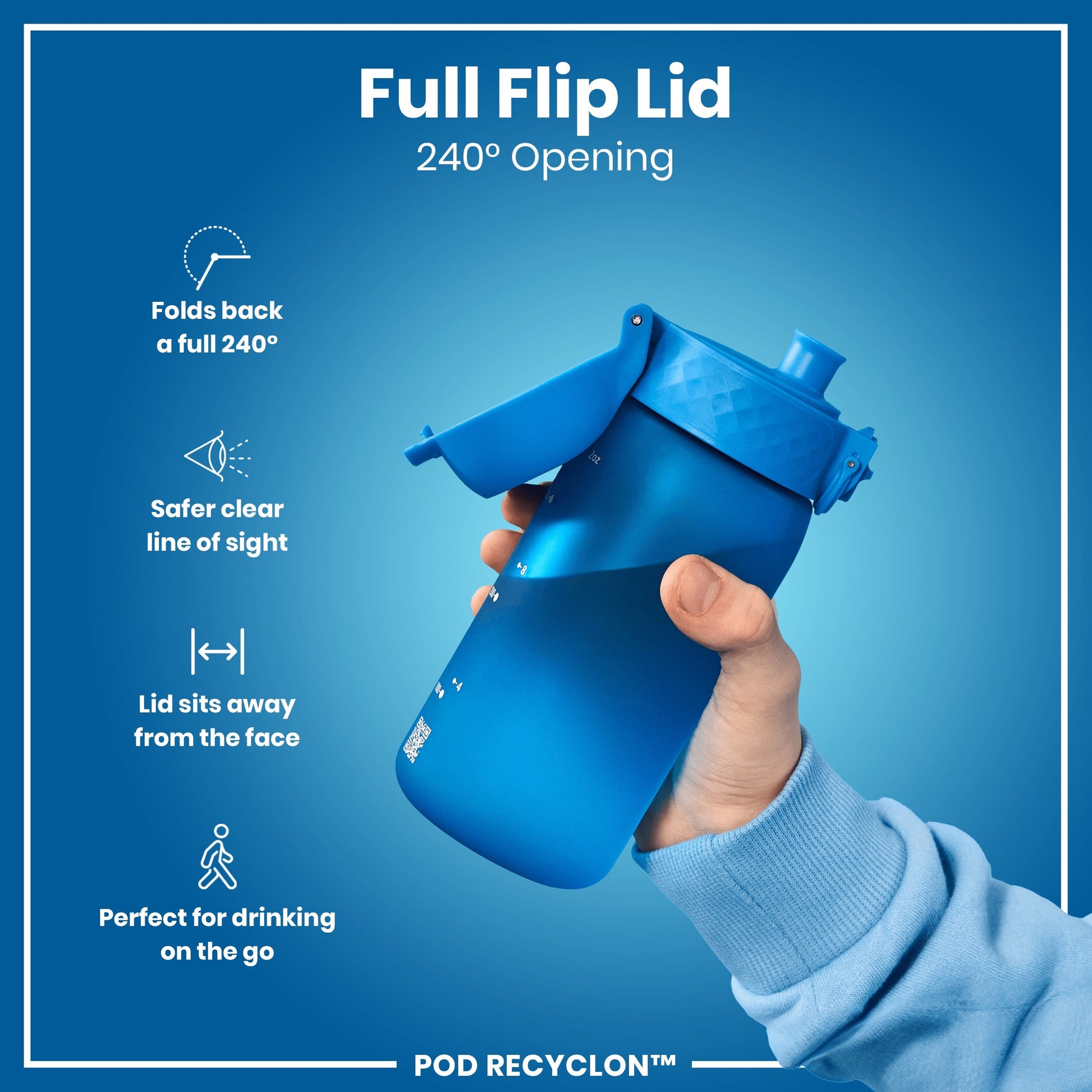 Blue water bottle with a full flip lid held by a hand on a blue background, featuring text and icons about the lid's features.