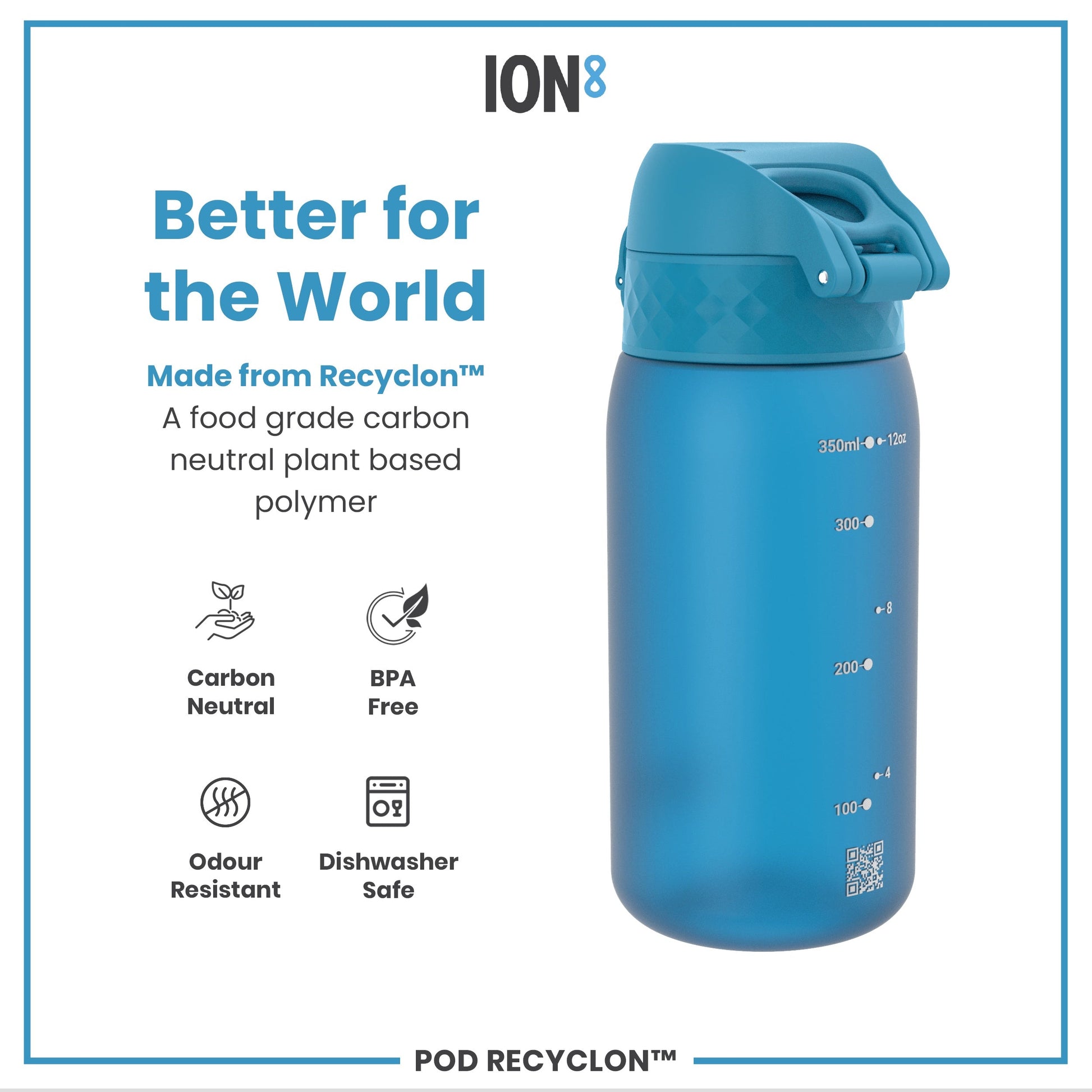 Blue water bottle with 'ION8' branding and sustainability features on a white background