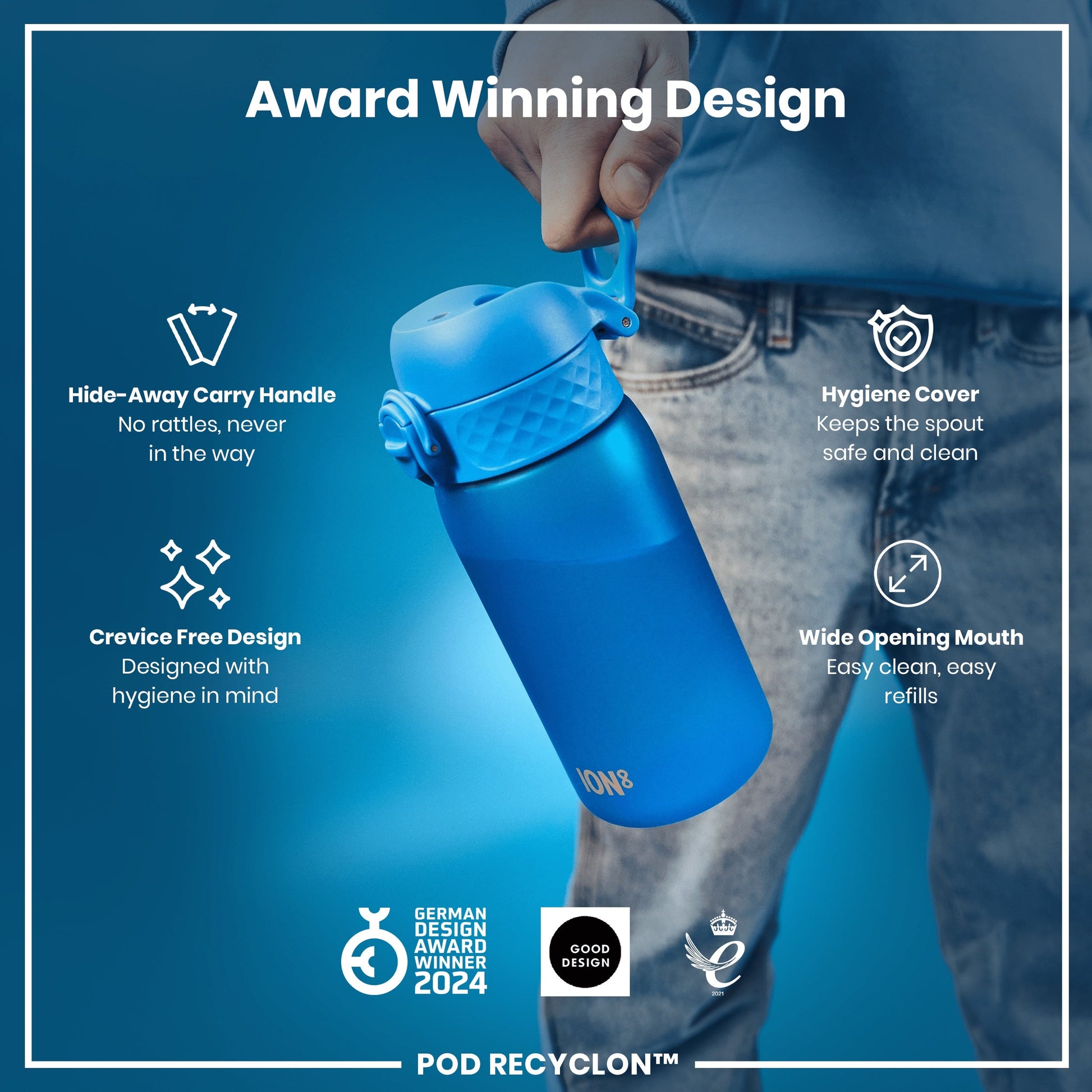 Blue water bottle with features highlighted on a blue background