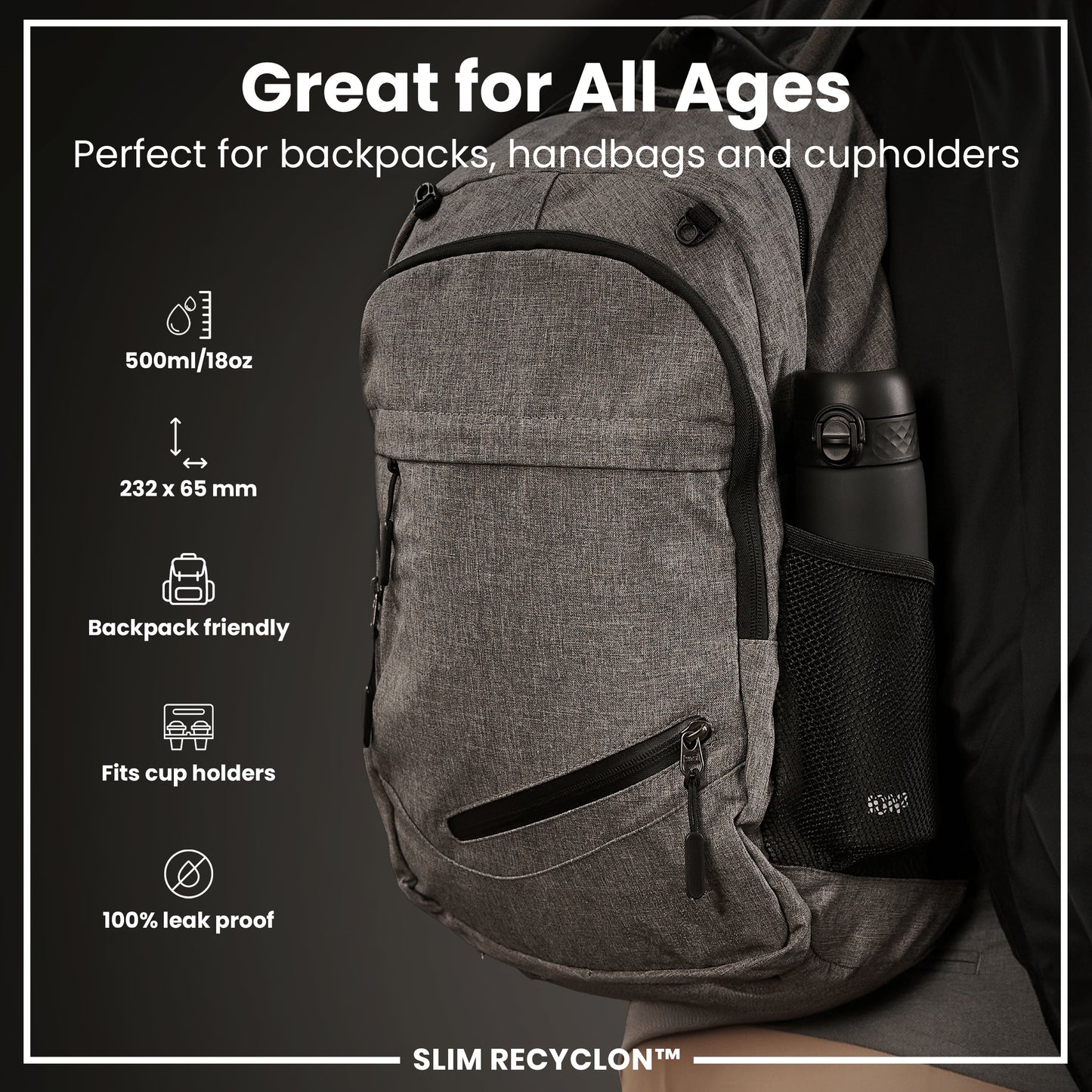 Gray backpack with a water bottle, features on a black background