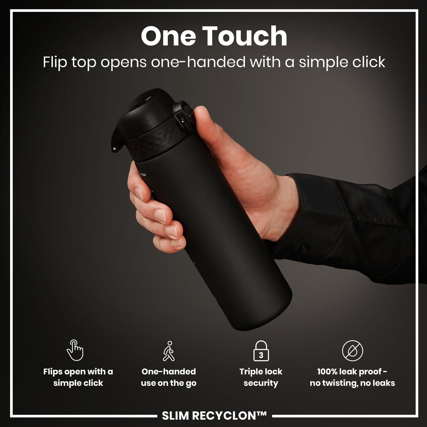Black water bottle with flip top held by a hand on a dark background, featuring text about bottle's features.