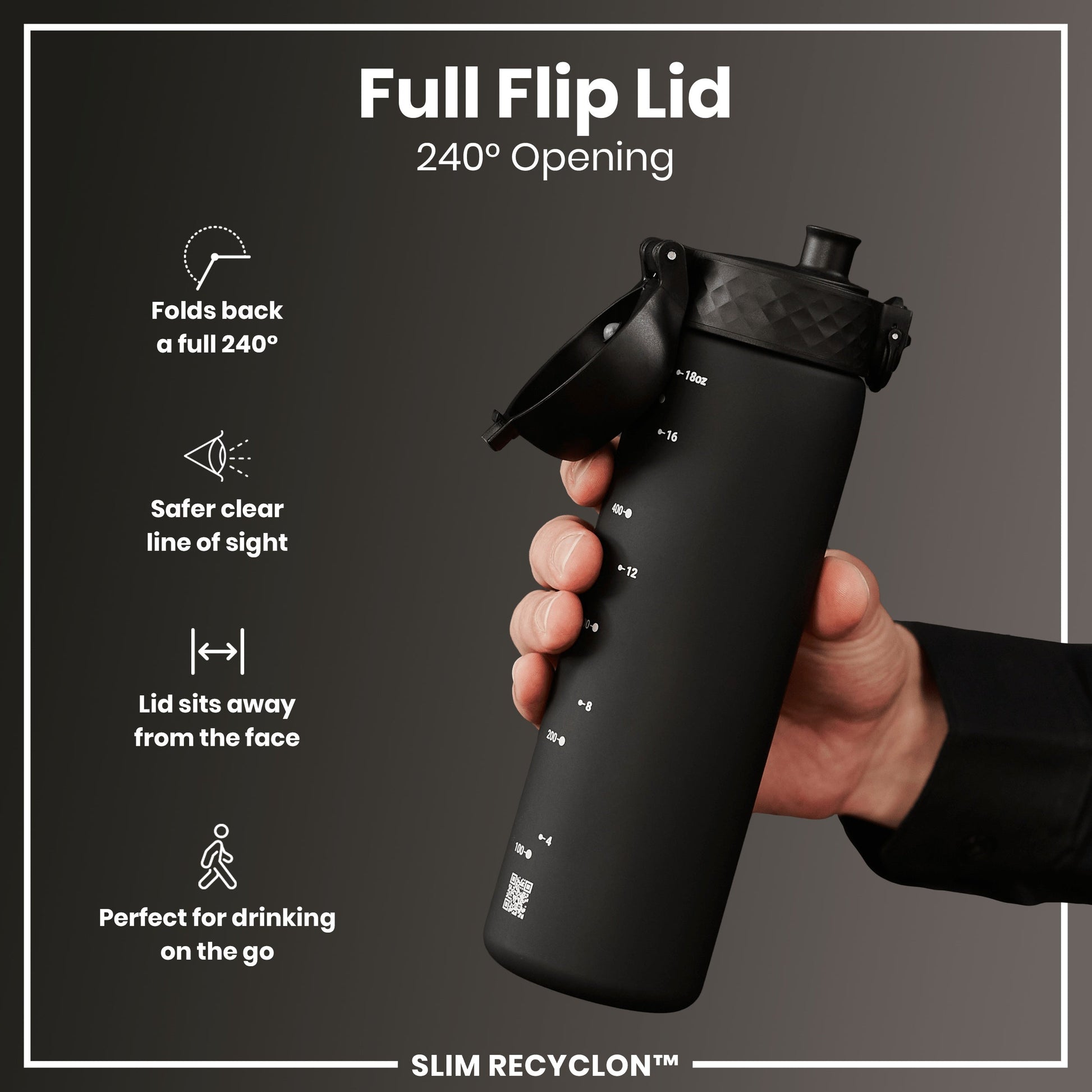 Black water bottle with full flip lid held by a hand, against a dark background