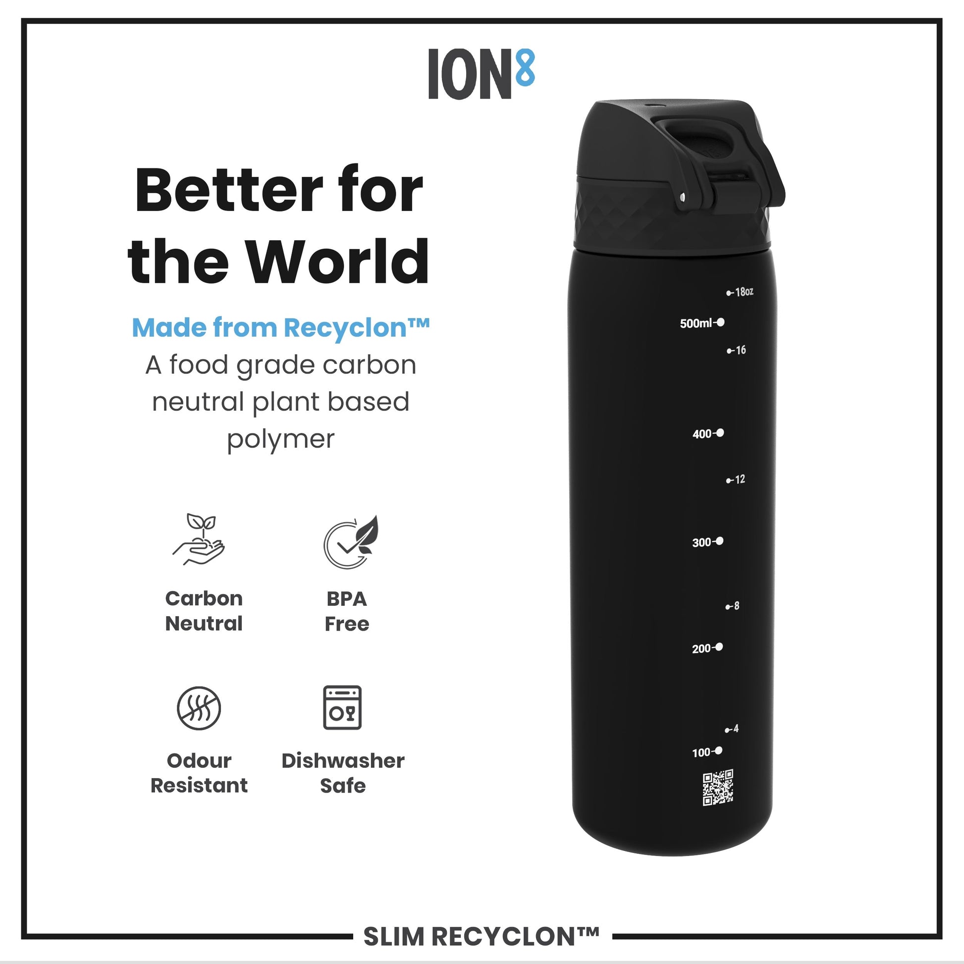 Black water bottle with 'ION8' branding on a white background