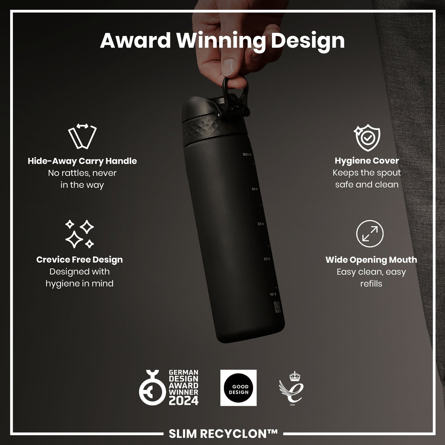 Black water bottle with features listed on a dark background