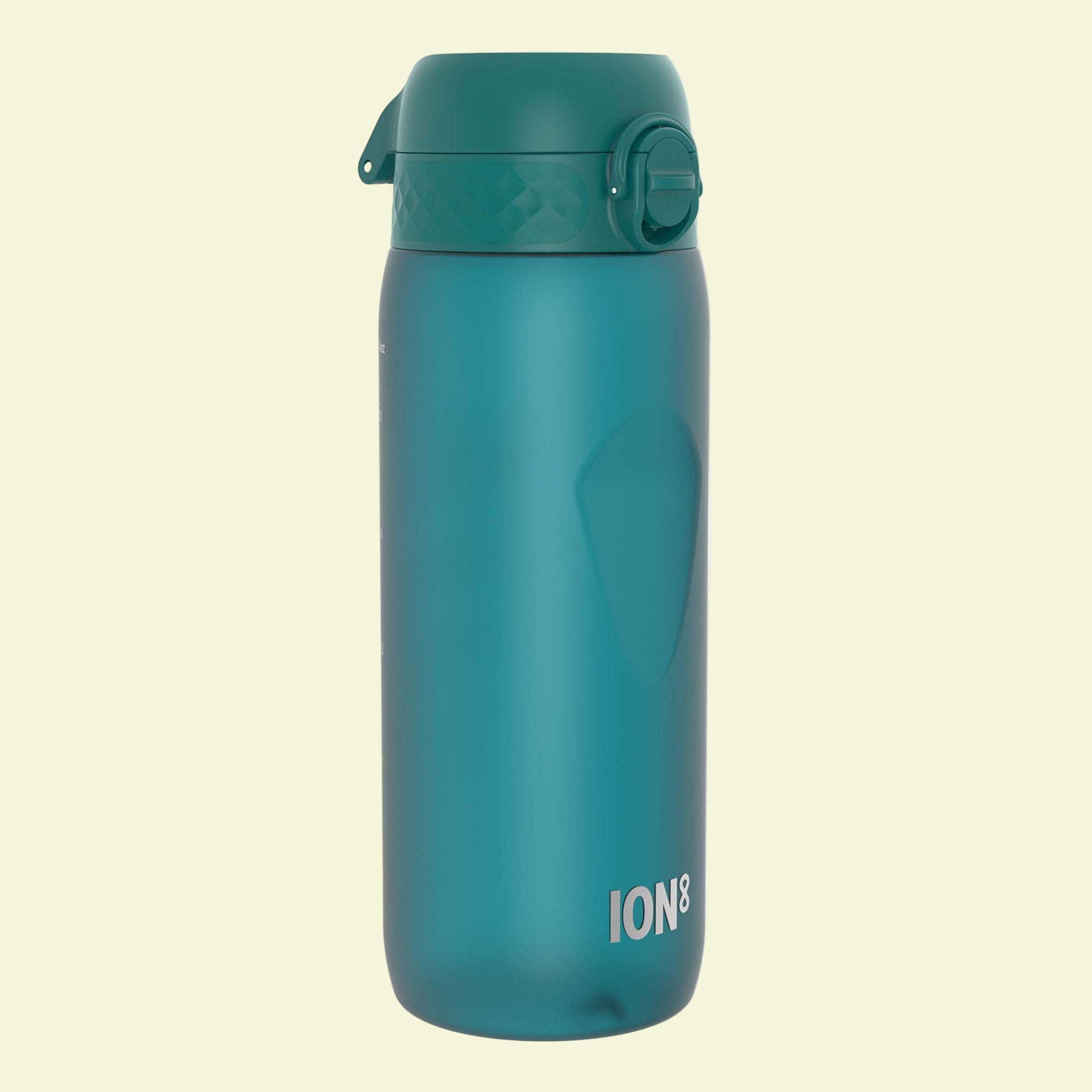 Teal water bottle with 'ION8' branding on a white background