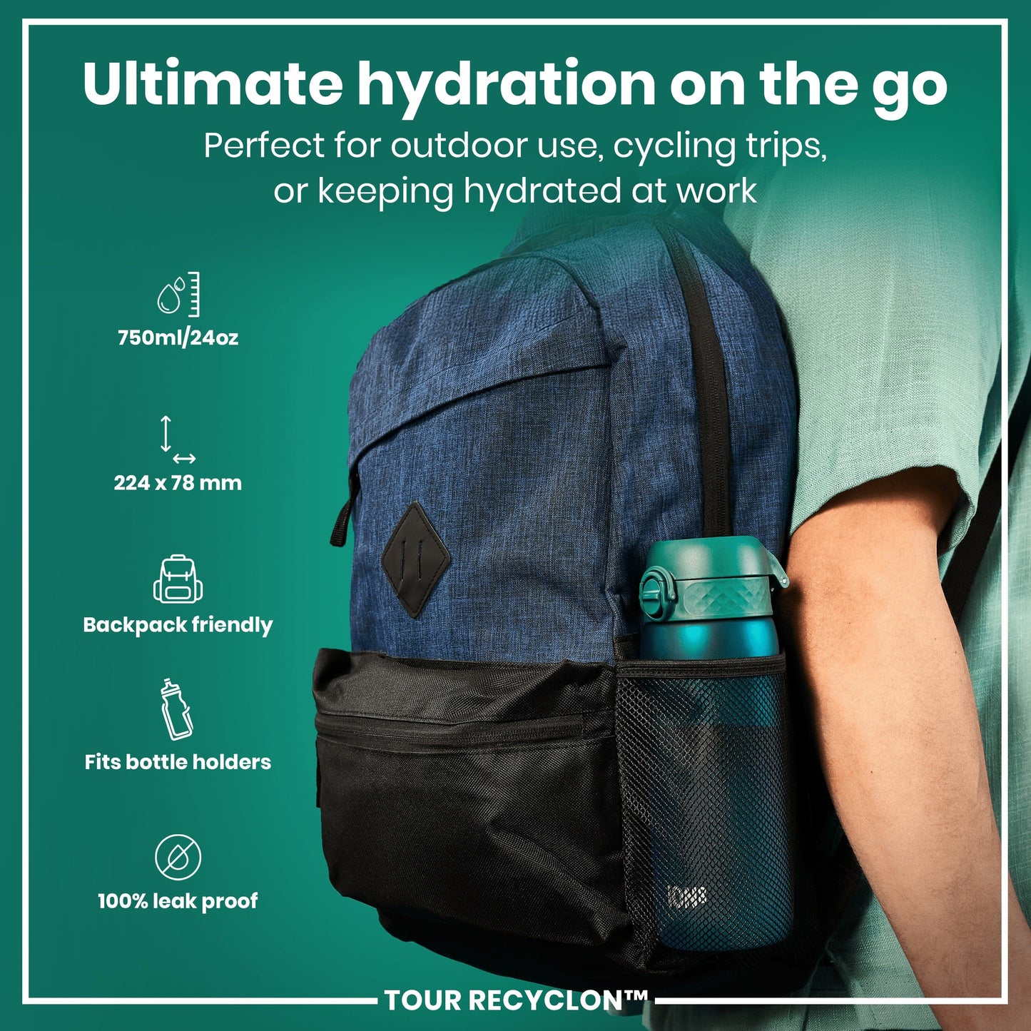 Blue backpack with a water bottle holder on a teal background, featuring text about hydration and product features.