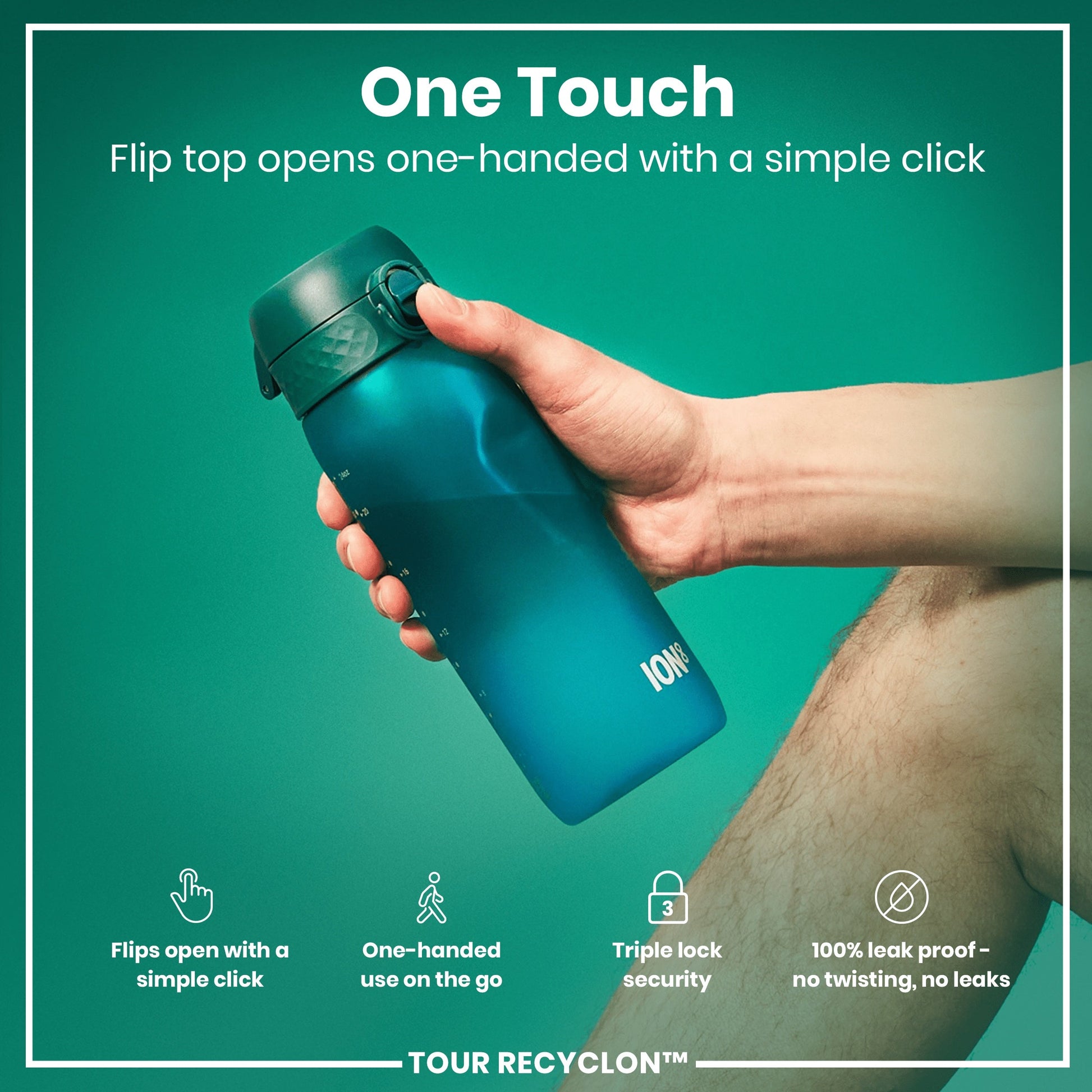 Blue water bottle with flip top being held, against a green background with text about bottle features.