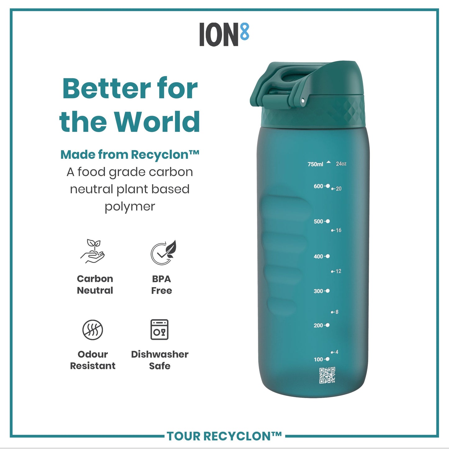 Teal water bottle with measurement markings on a white background, featuring the ION8 brand.