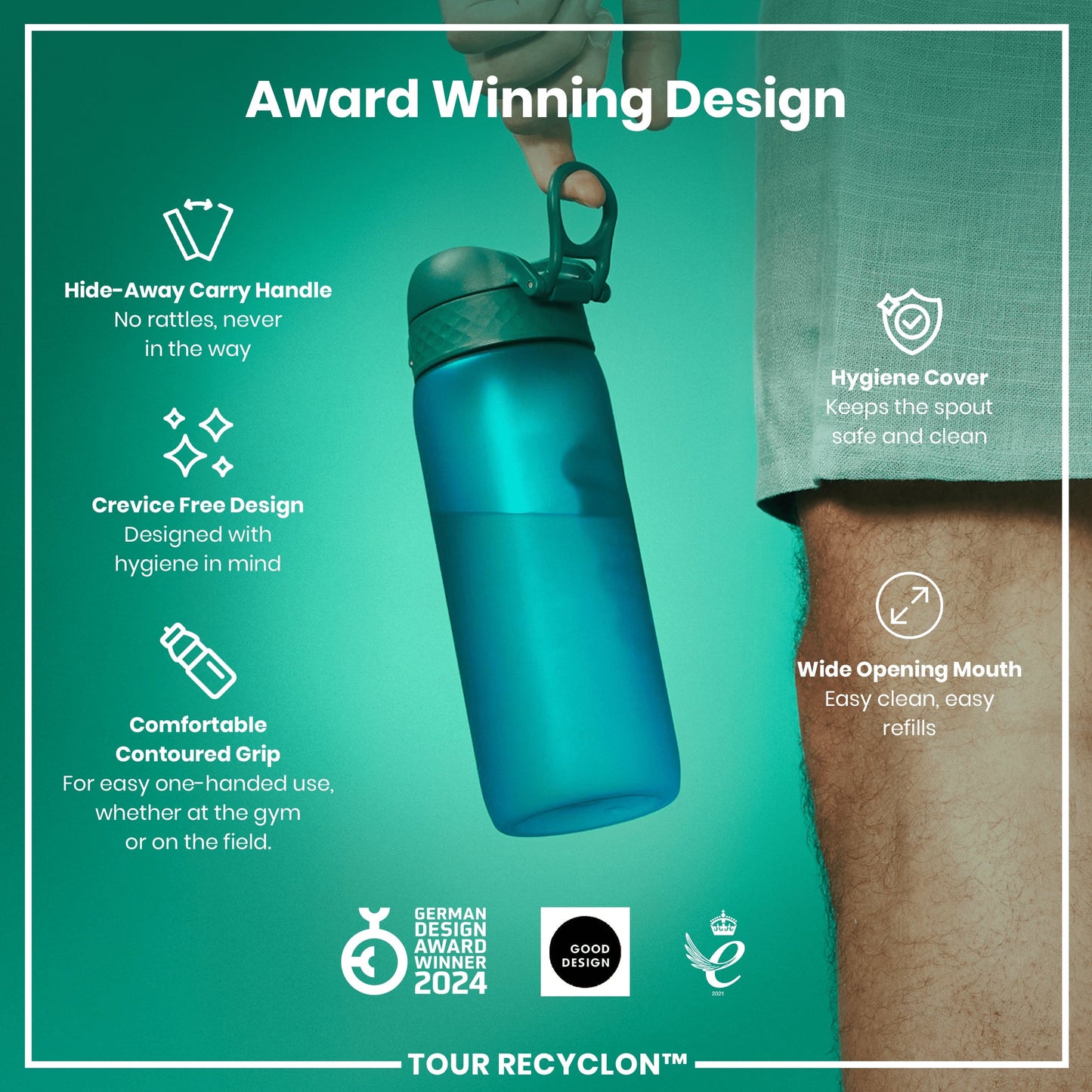 Blue water bottle with features highlighted on a green background